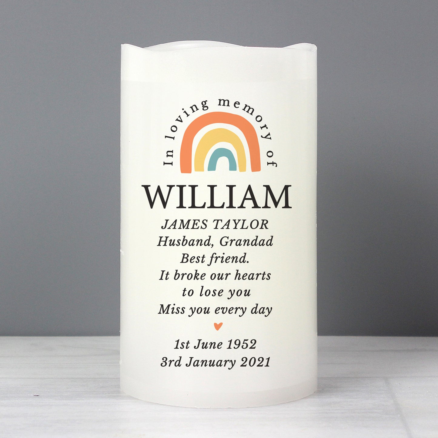 Personalised In Loving Memory Rainbow LED candle - MK&JD Gifts