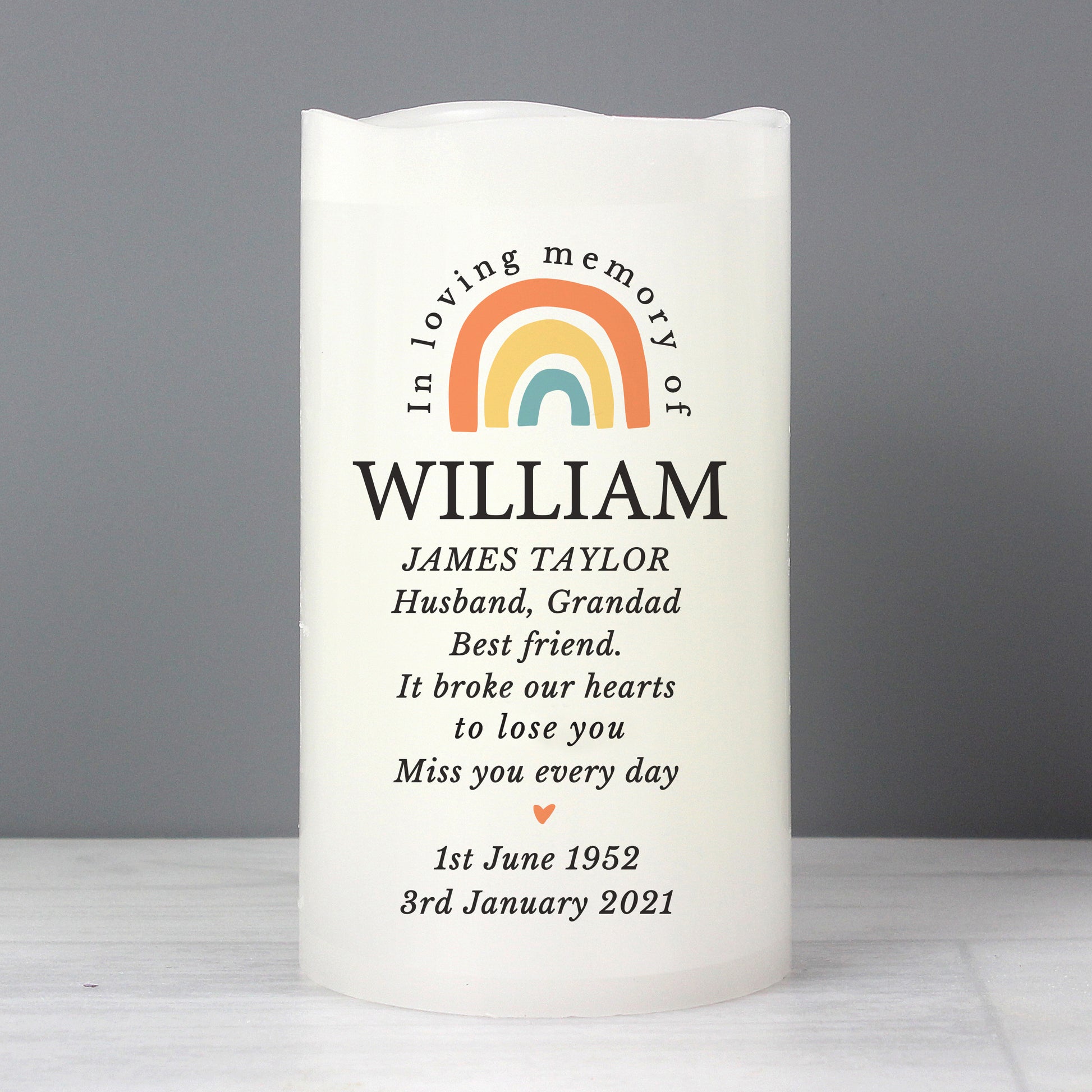 Personalised In Loving Memory Rainbow LED candle - MK&JD Gifts