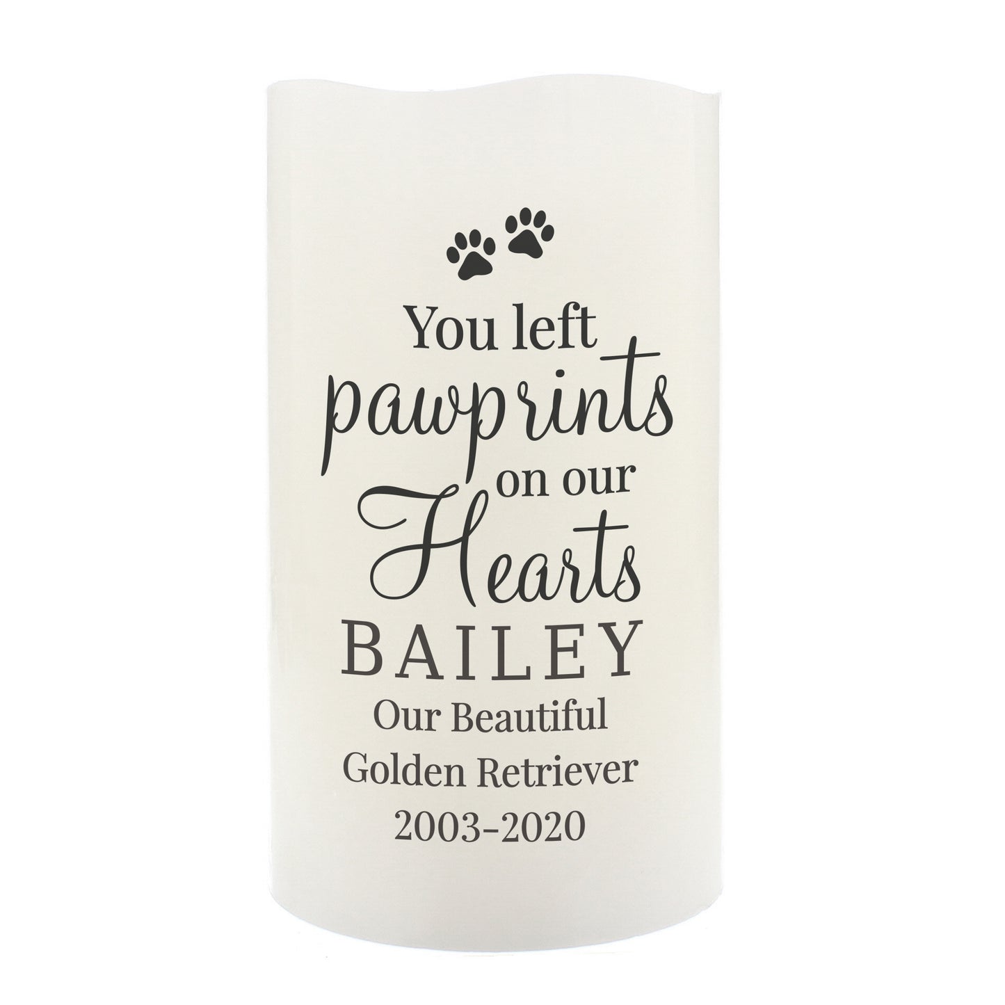 Personalised Pawprints On Our Hearts LED Candle - MK&JD Gifts
