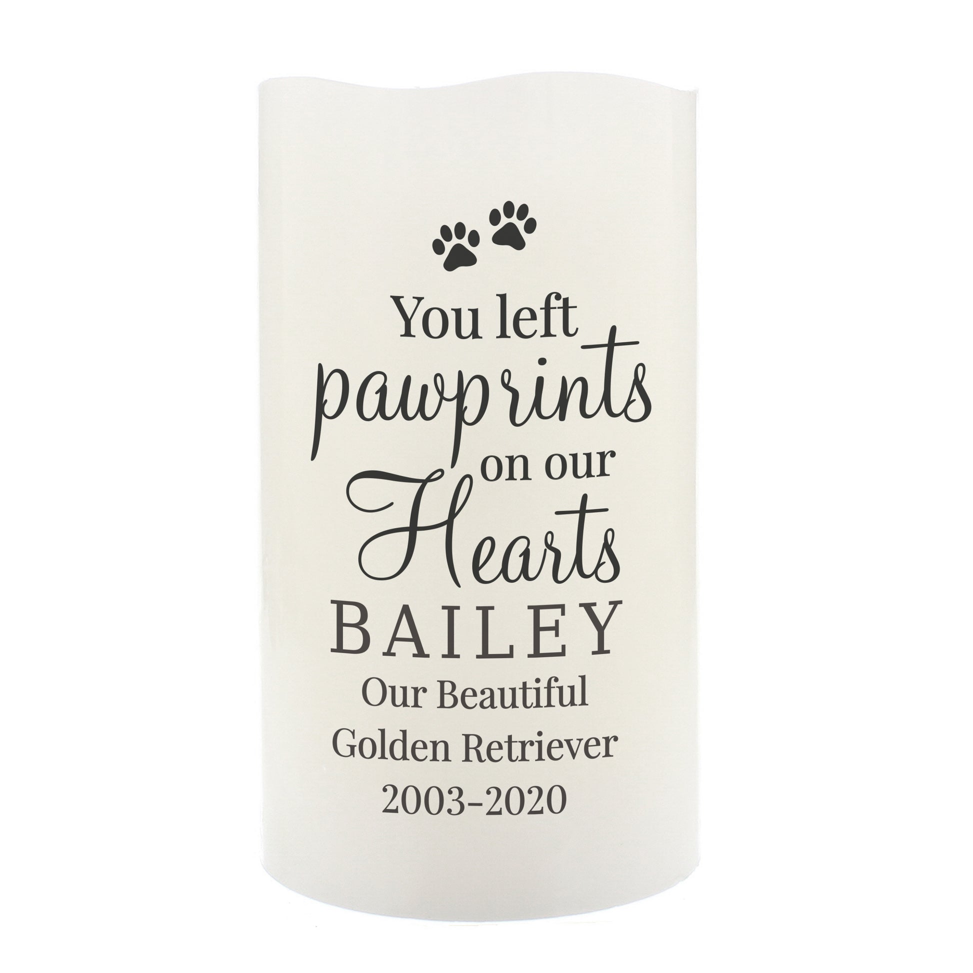 Personalised Pawprints On Our Hearts LED Candle - MK&JD Gifts