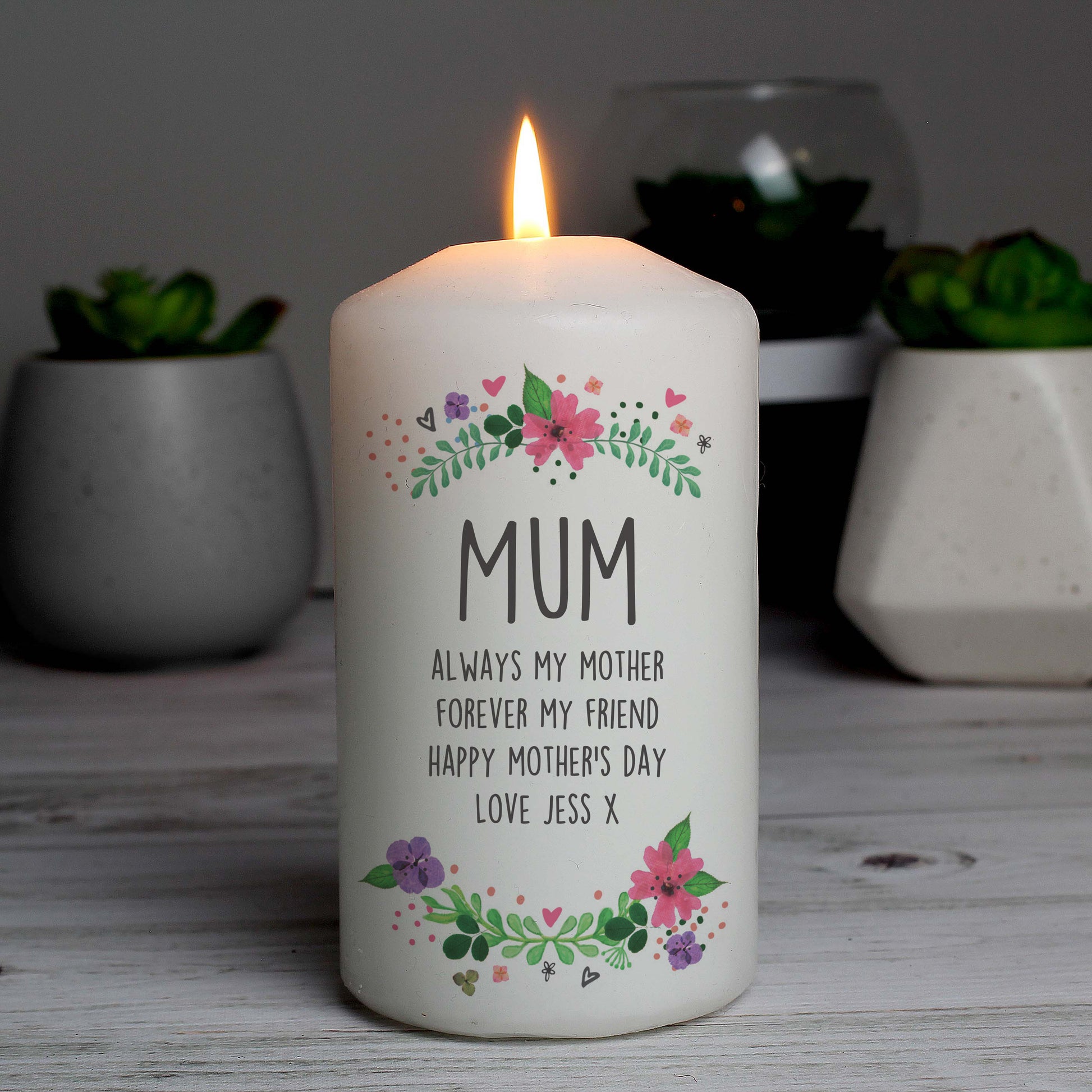 Personalised Floral Pillar Candle - MK&JD Gifts