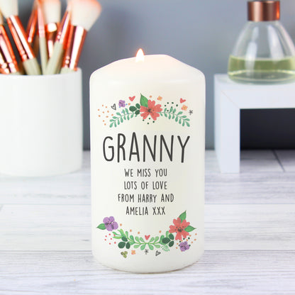 Personalised Floral Pillar Candle - MK&JD Gifts