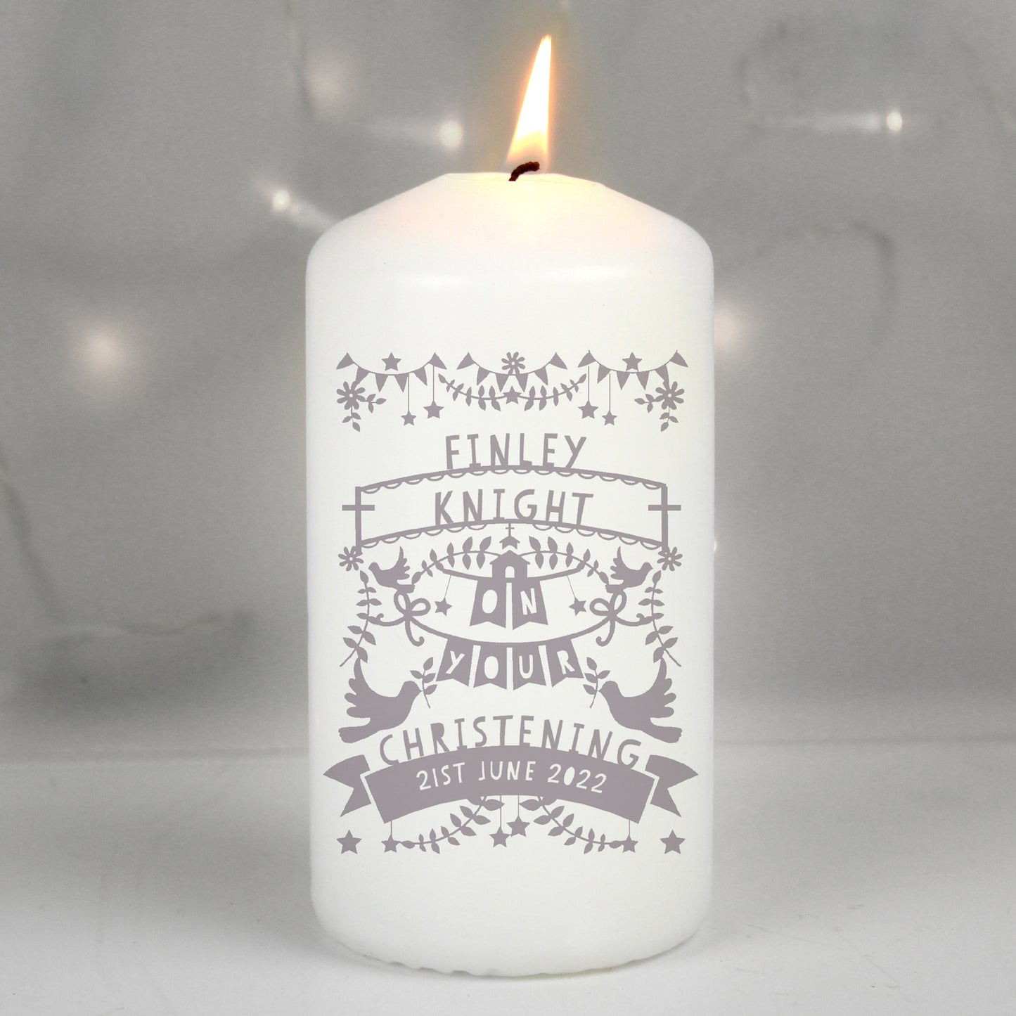 Personalised Grey Papercut Style Pillar Candle - MK&JD Gifts