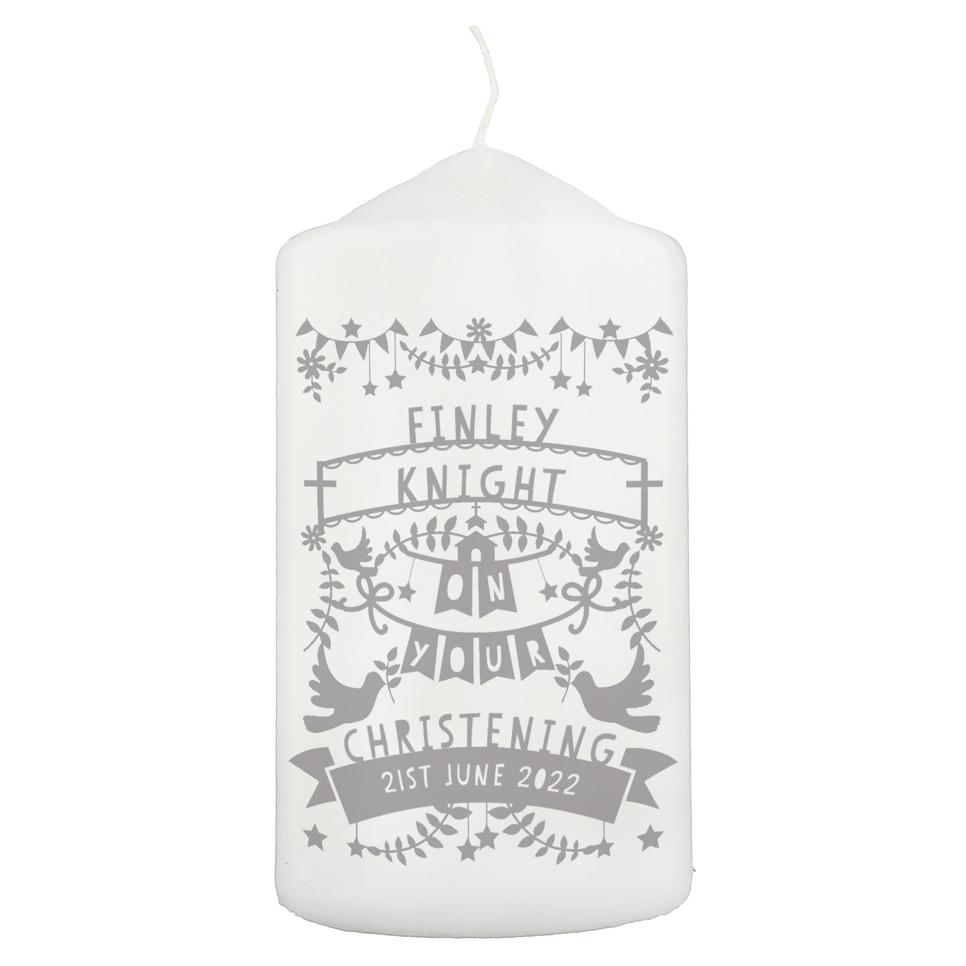 Personalised Grey Papercut Style Pillar Candle - MK&JD Gifts