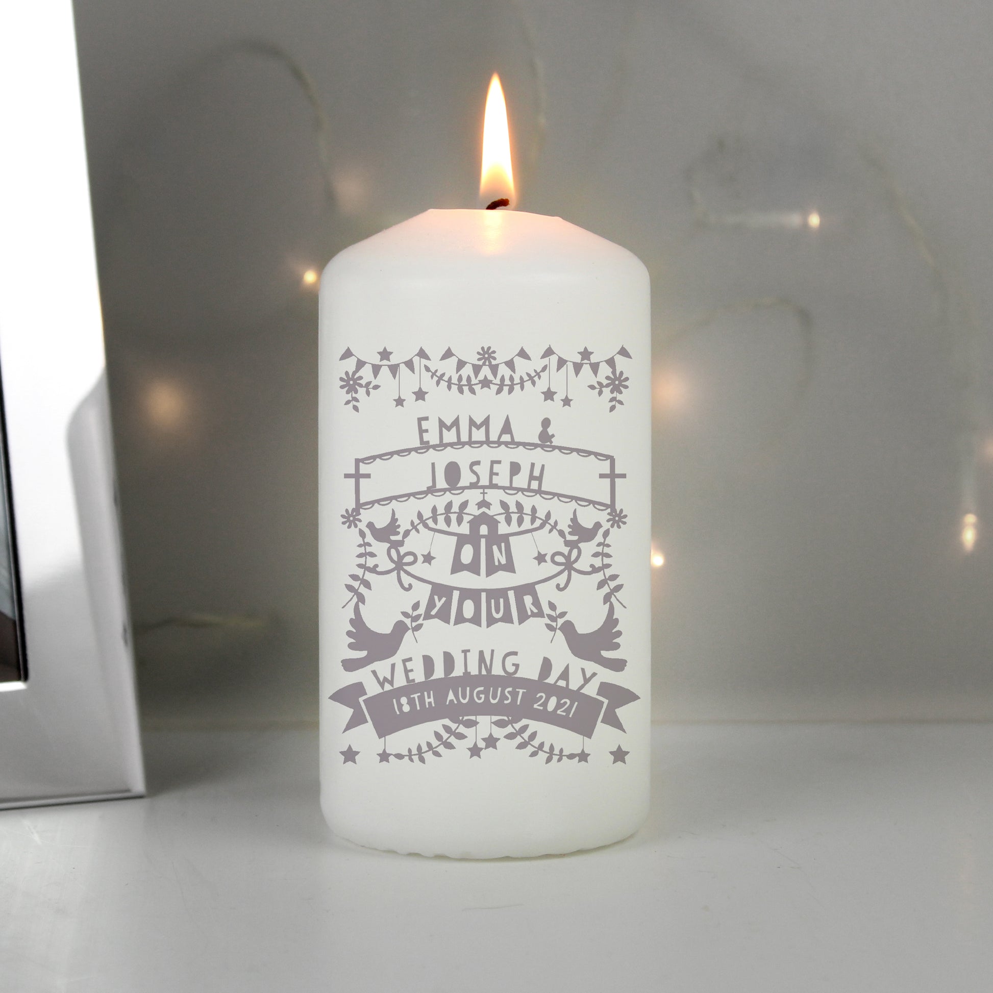 Personalised Grey Papercut Style Pillar Candle - MK&JD Gifts