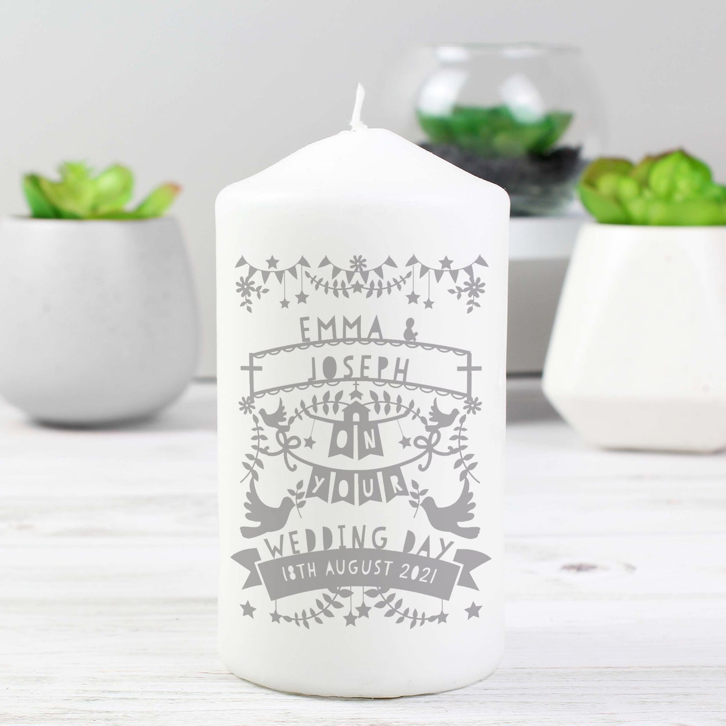 Personalised Grey Papercut Style Pillar Candle - MK&JD Gifts