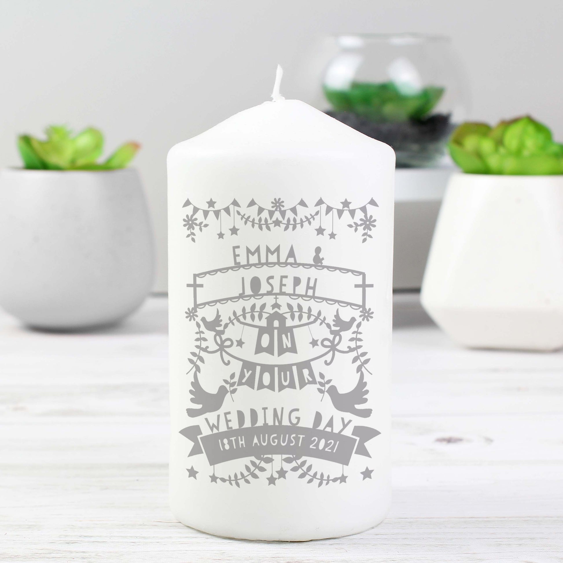 Personalised Grey Papercut Style Pillar Candle - MK&JD Gifts