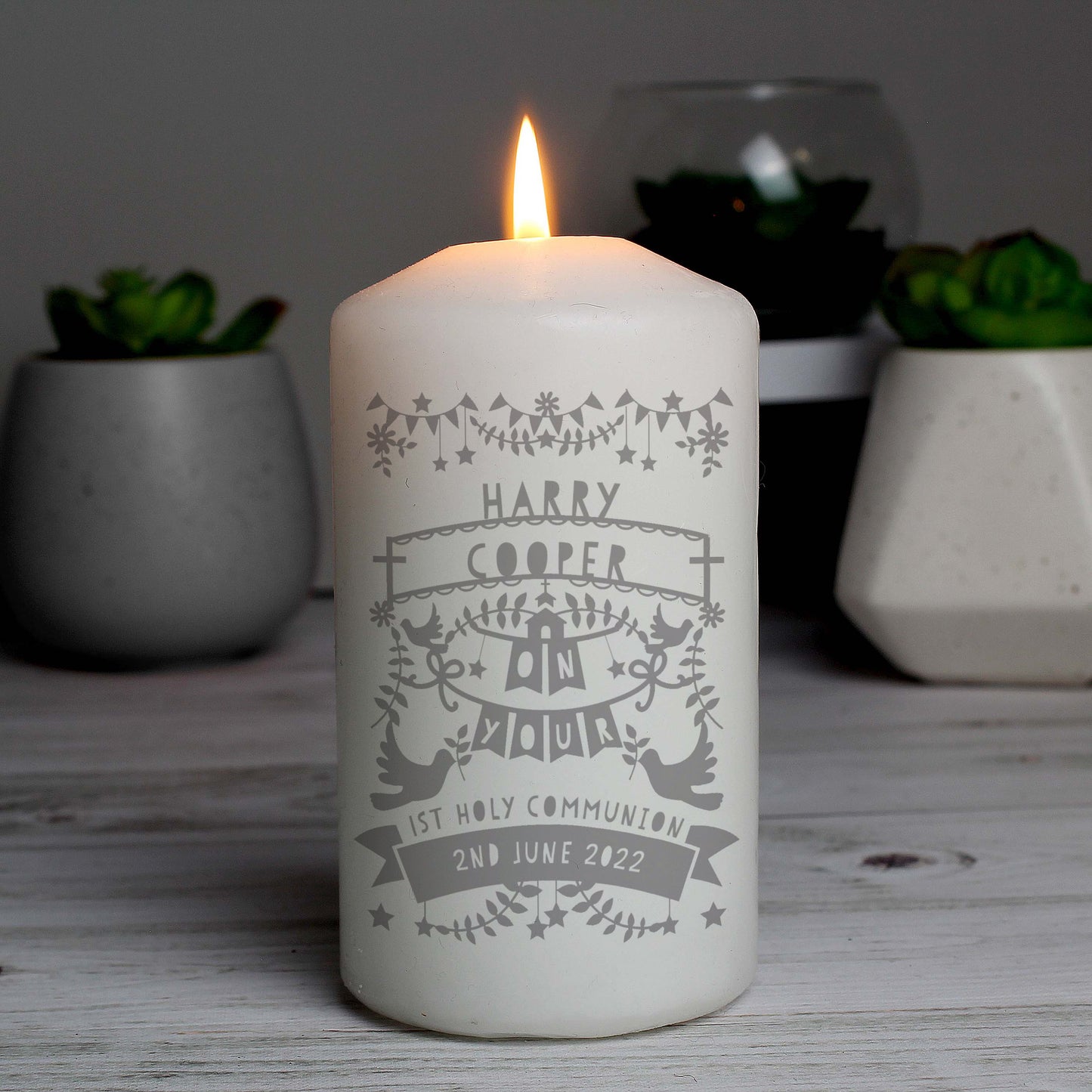 Personalised Grey Papercut Style Pillar Candle - MK&JD Gifts