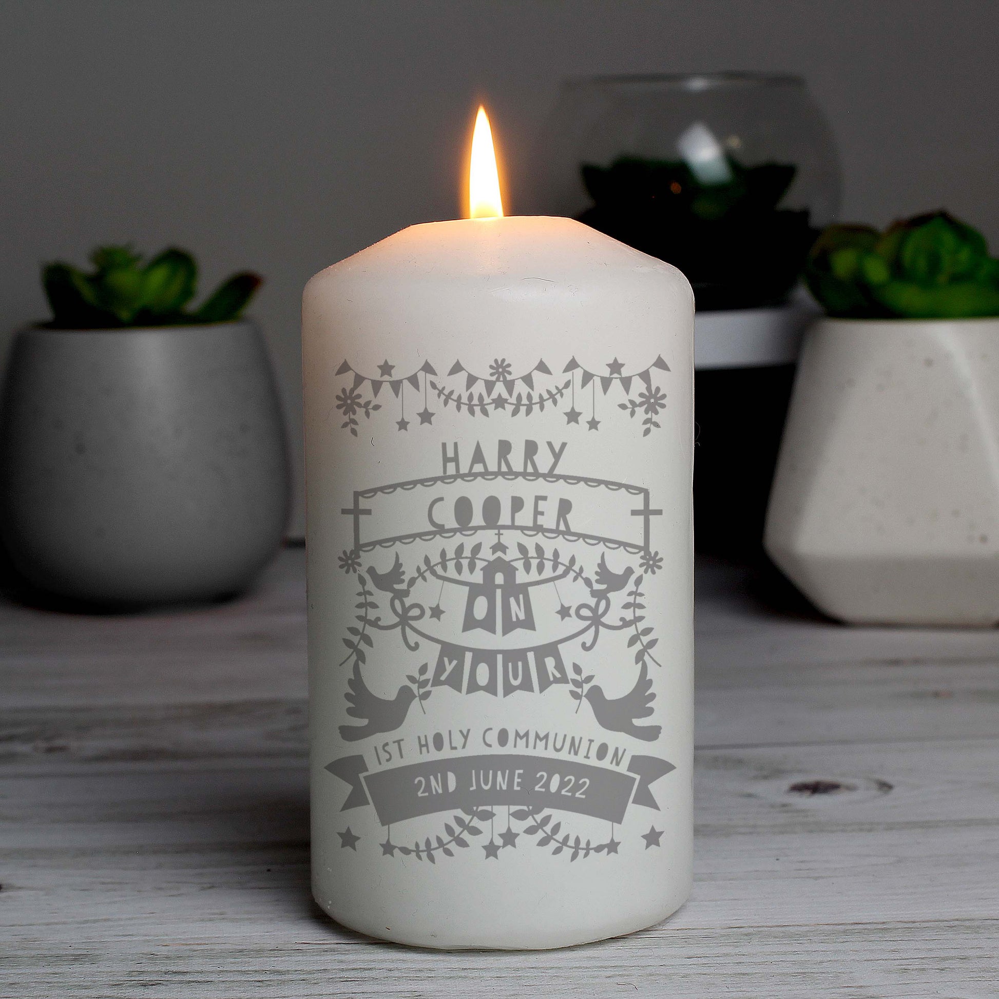 Personalised Grey Papercut Style Pillar Candle - MK&JD Gifts