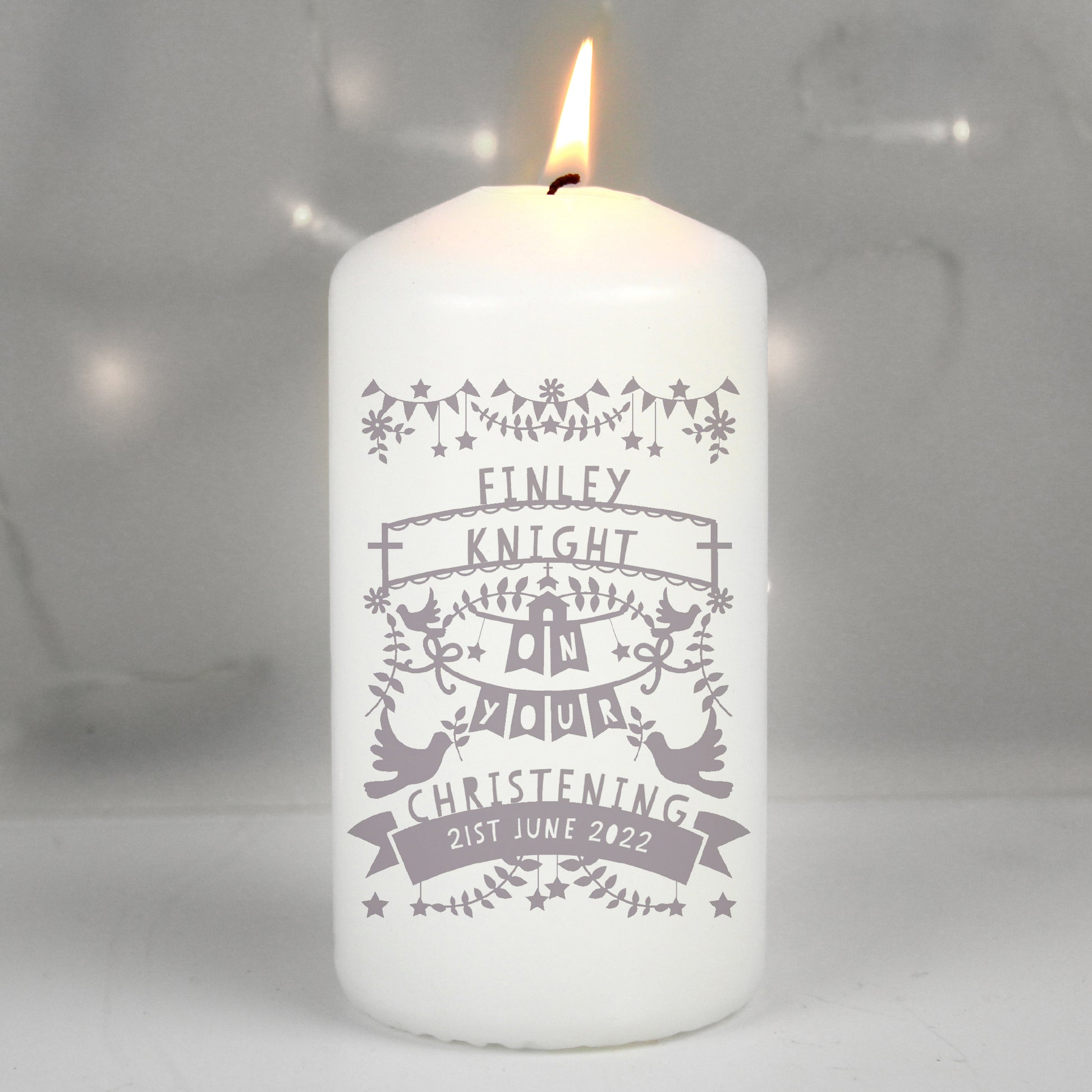 Personalised Grey Papercut Style Pillar Candle - MK&JD Gifts