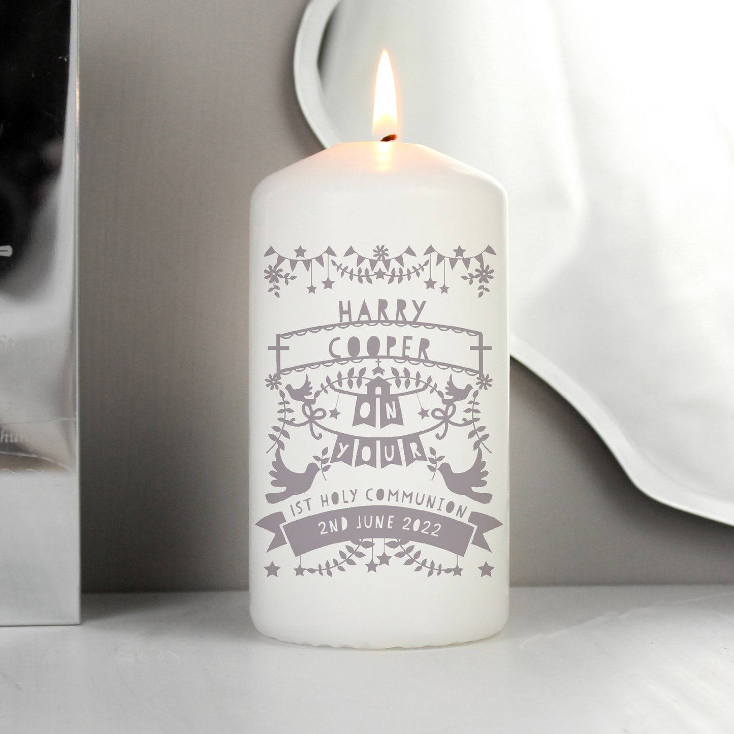 Personalised Grey Papercut Style Pillar Candle - MK&JD Gifts