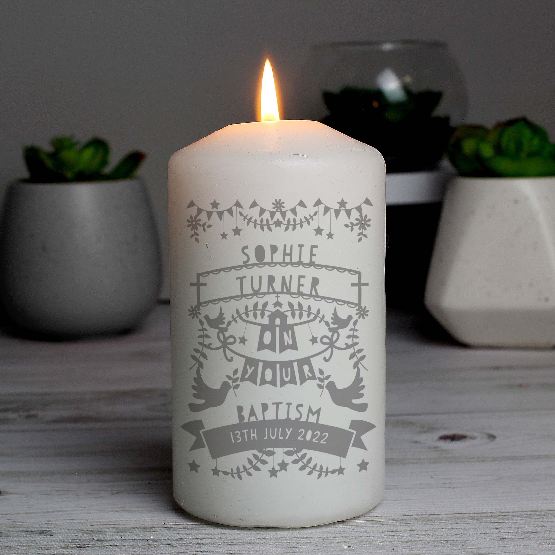 Personalised Grey Papercut Style Pillar Candle - MK&JD Gifts