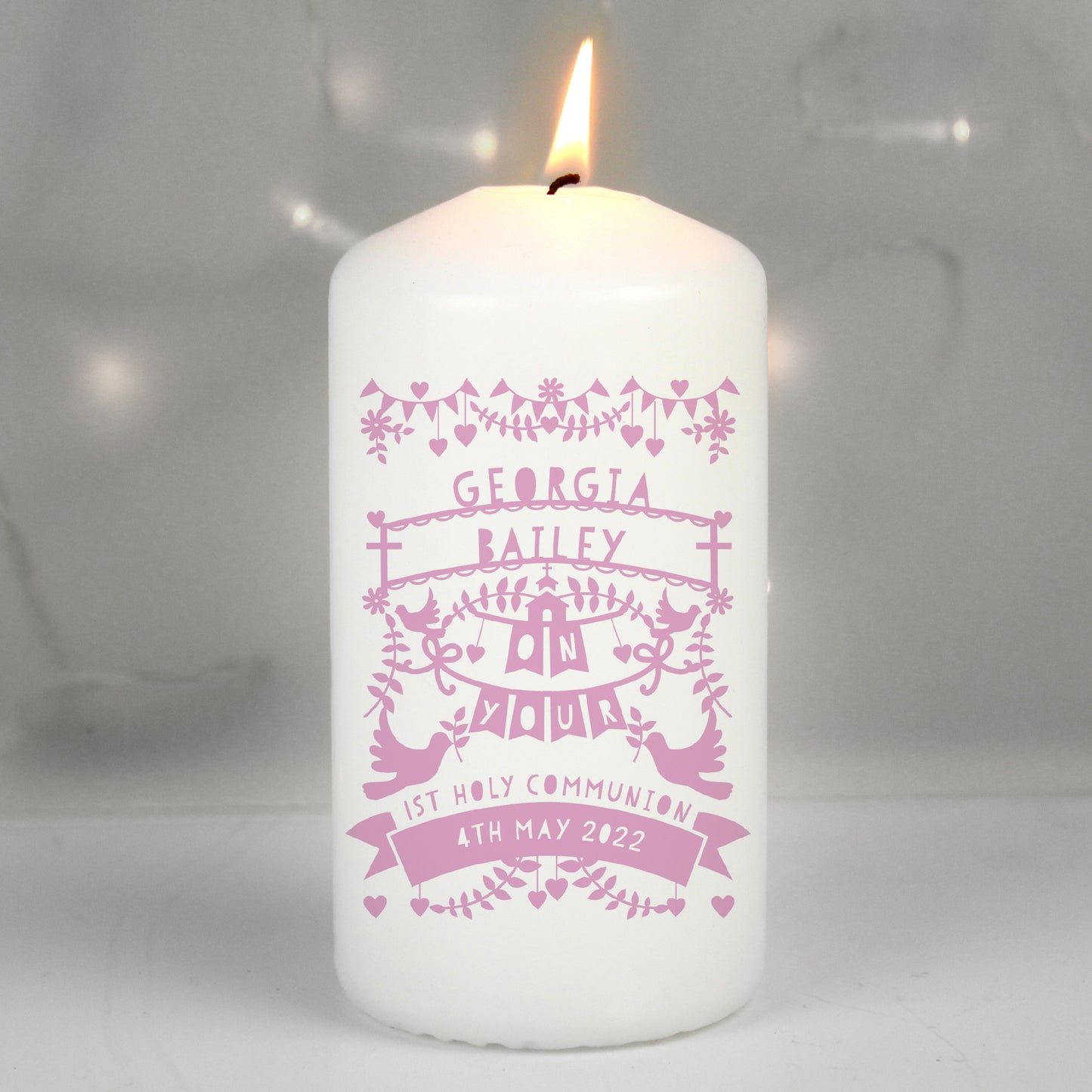Personalised Pink Papercut Style Pillar Candle - MK&JD Gifts