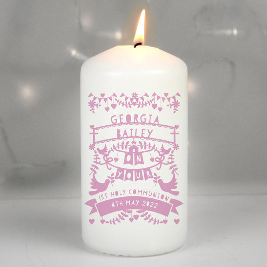 Personalised Pink Papercut Style Pillar Candle - MK&JD Gifts