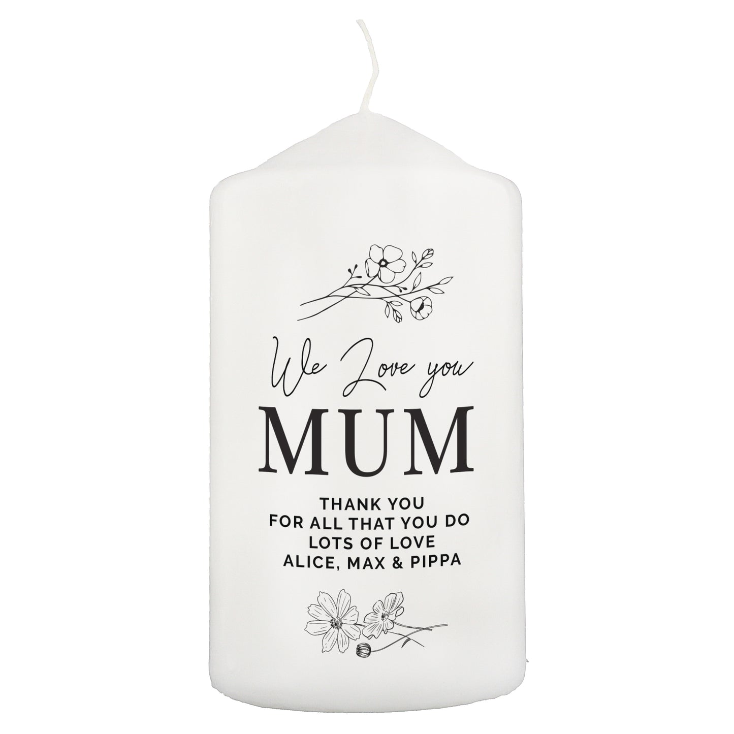 Personalised Floral Pillar Candle - MK&JD Gifts