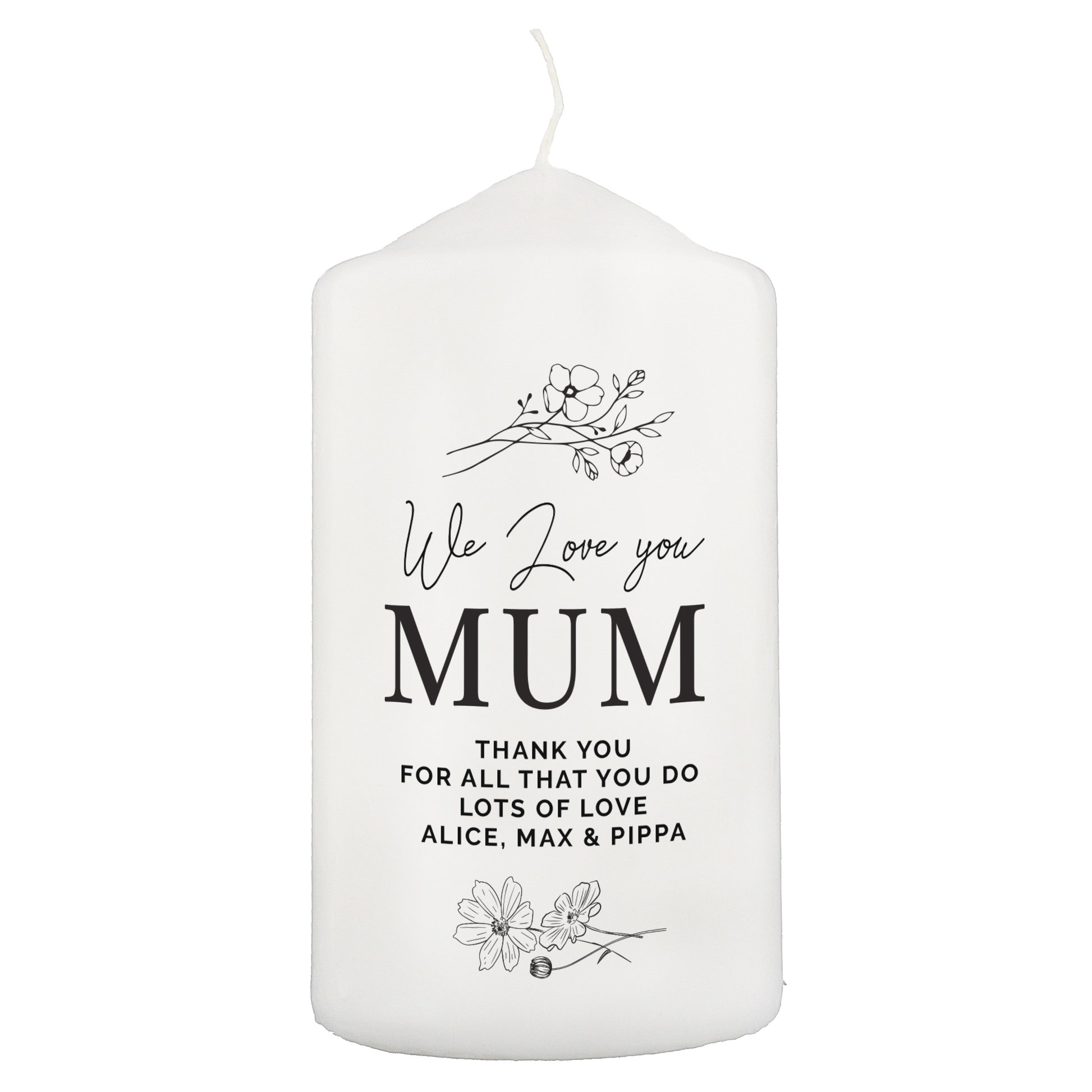 Personalised Floral Pillar Candle - MK&JD Gifts