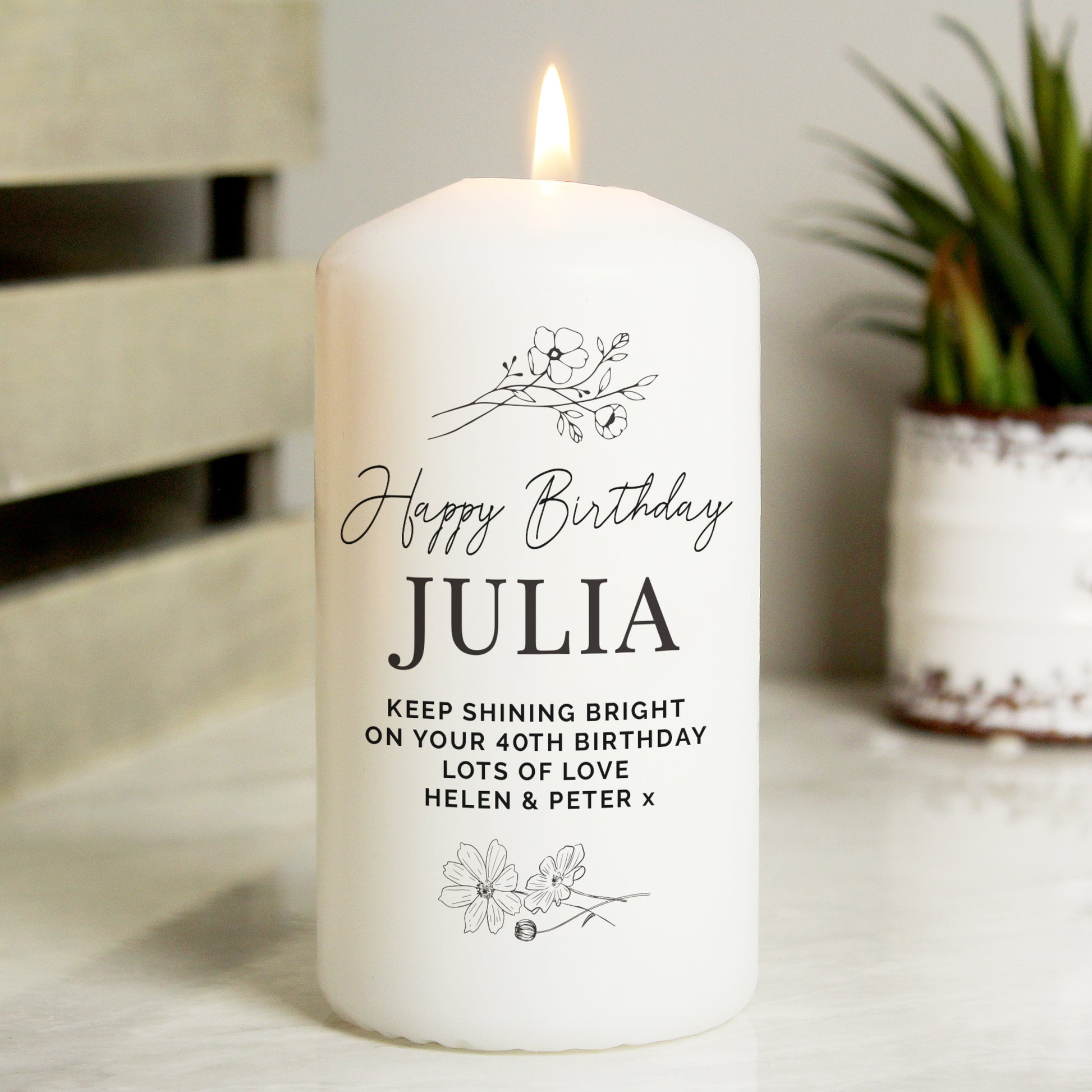 Personalised Floral Pillar Candle - MK&JD Gifts