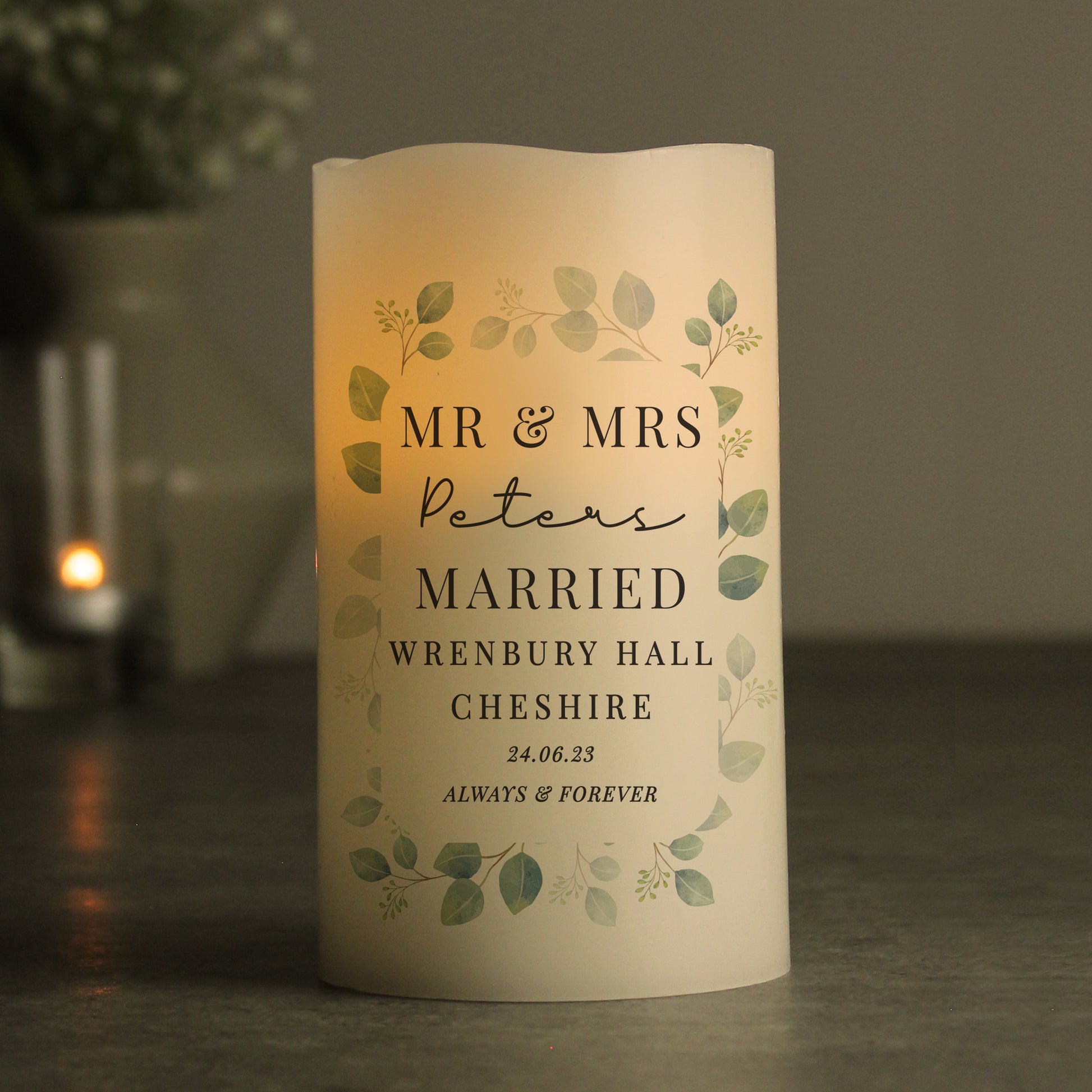 Personalised Botanical Free Text LED Candle - MK&JD Gifts
