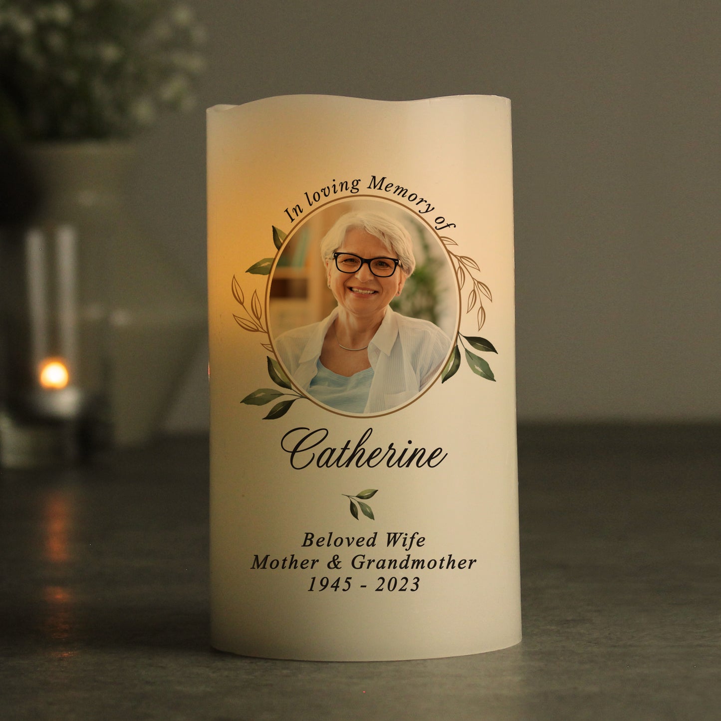 Personalised Botanical Memorial Photo Upload LED Candle - MK&JD Gifts