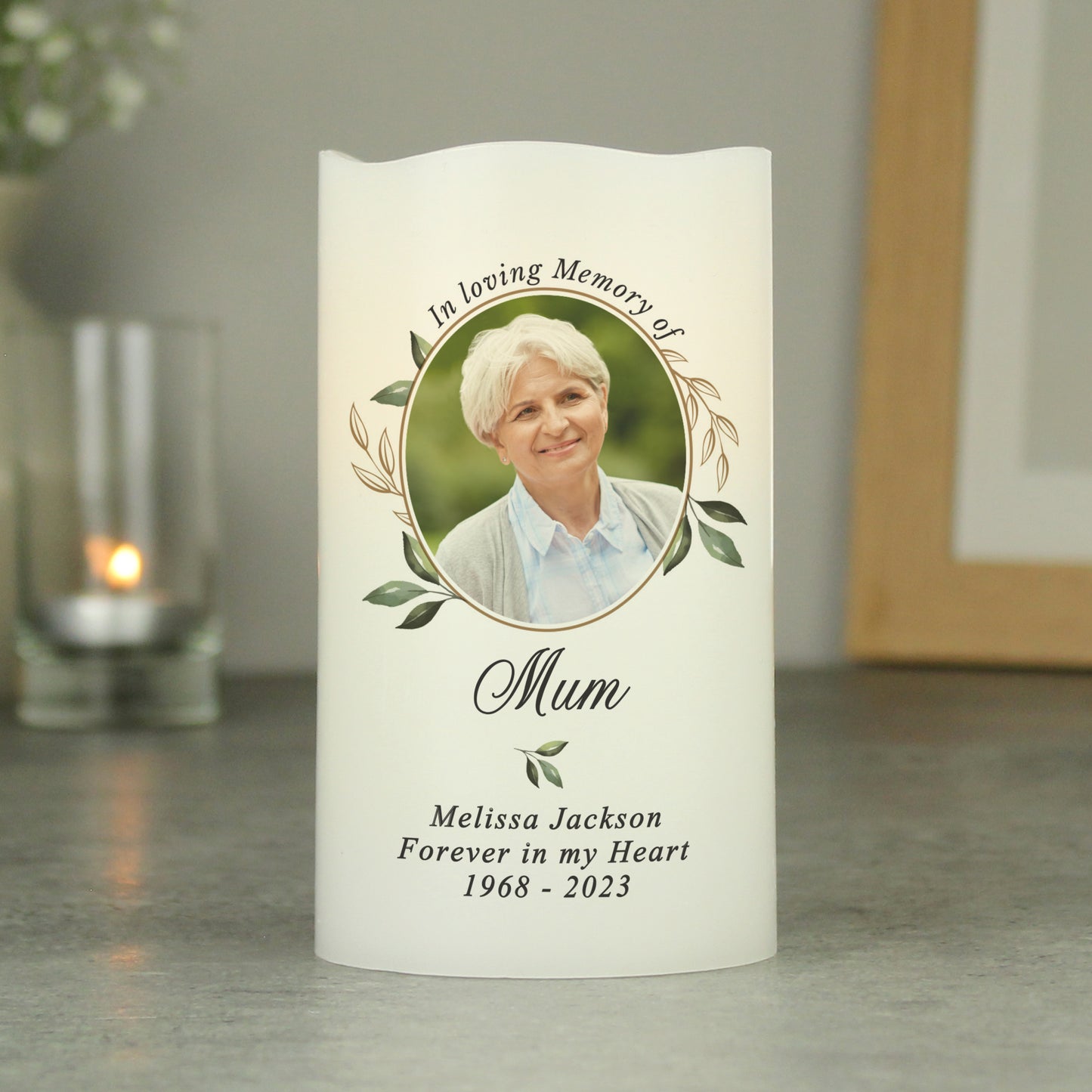 Personalised Botanical Memorial Photo Upload LED Candle - MK&JD Gifts
