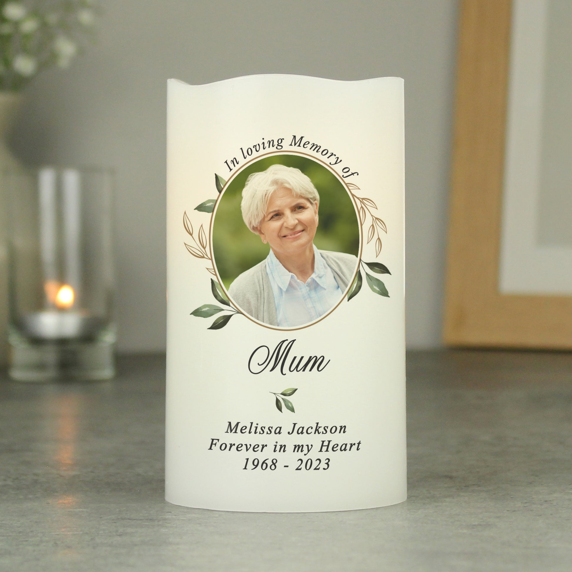 Personalised Botanical Memorial Photo Upload LED Candle - MK&JD Gifts
