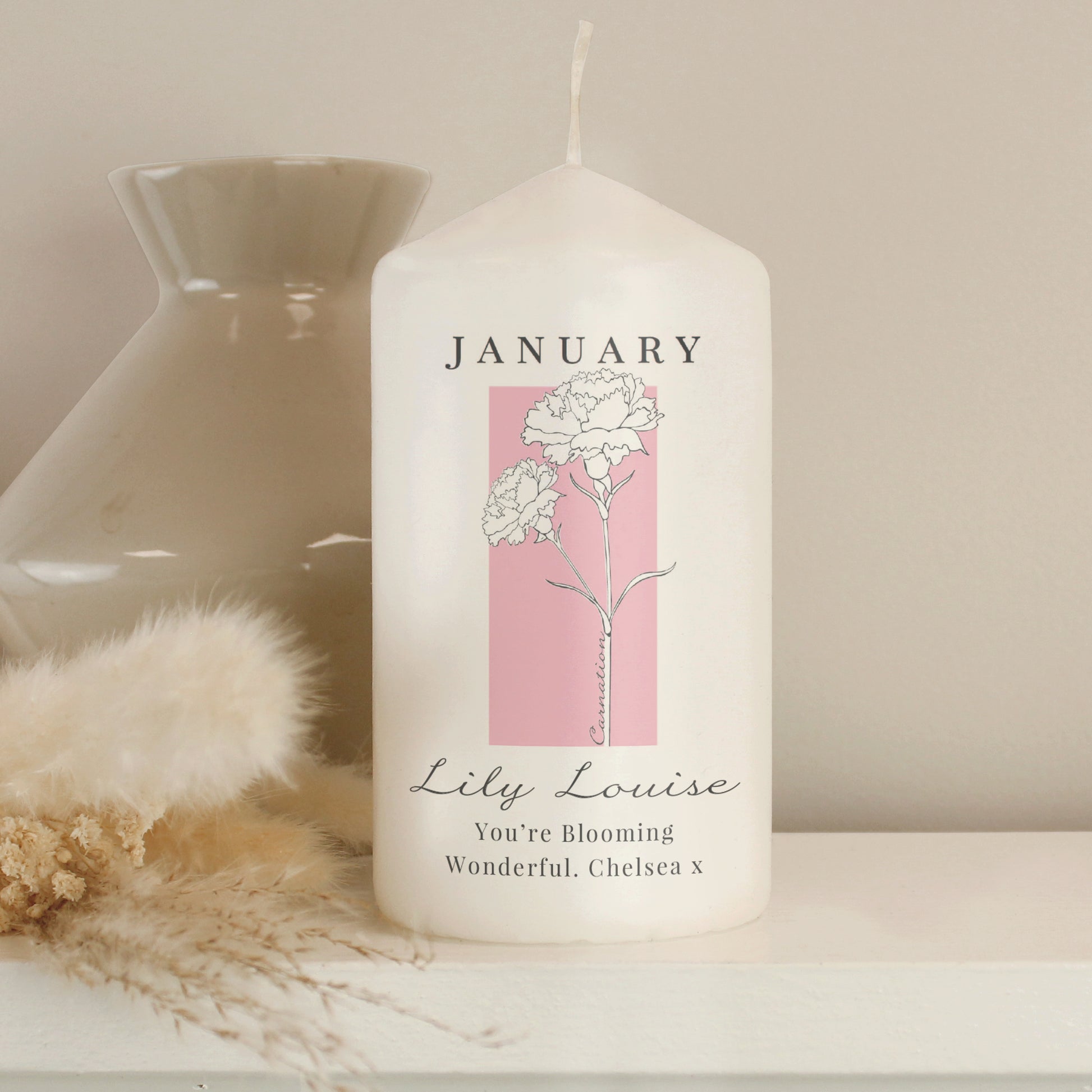Personalised Birth Flower Pillar Candle - MK&JD Gifts