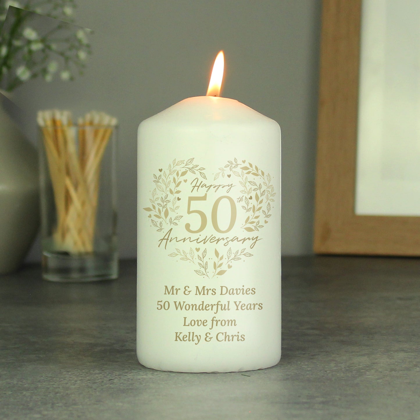 Personalised 50th Golden Wedding Anniversary Pillar Candle - MK&JD Gifts