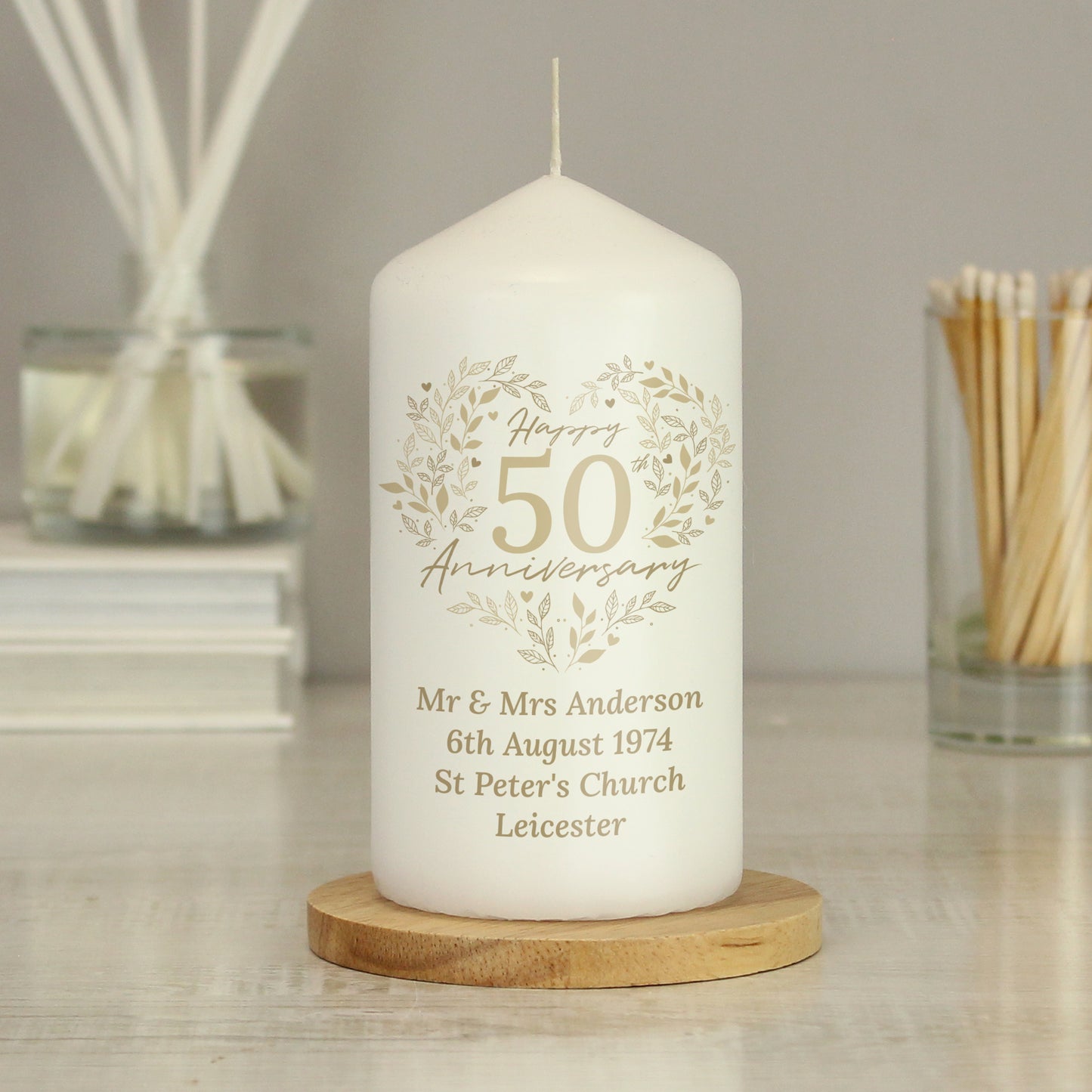Personalised 50th Golden Wedding Anniversary Pillar Candle - MK&JD Gifts