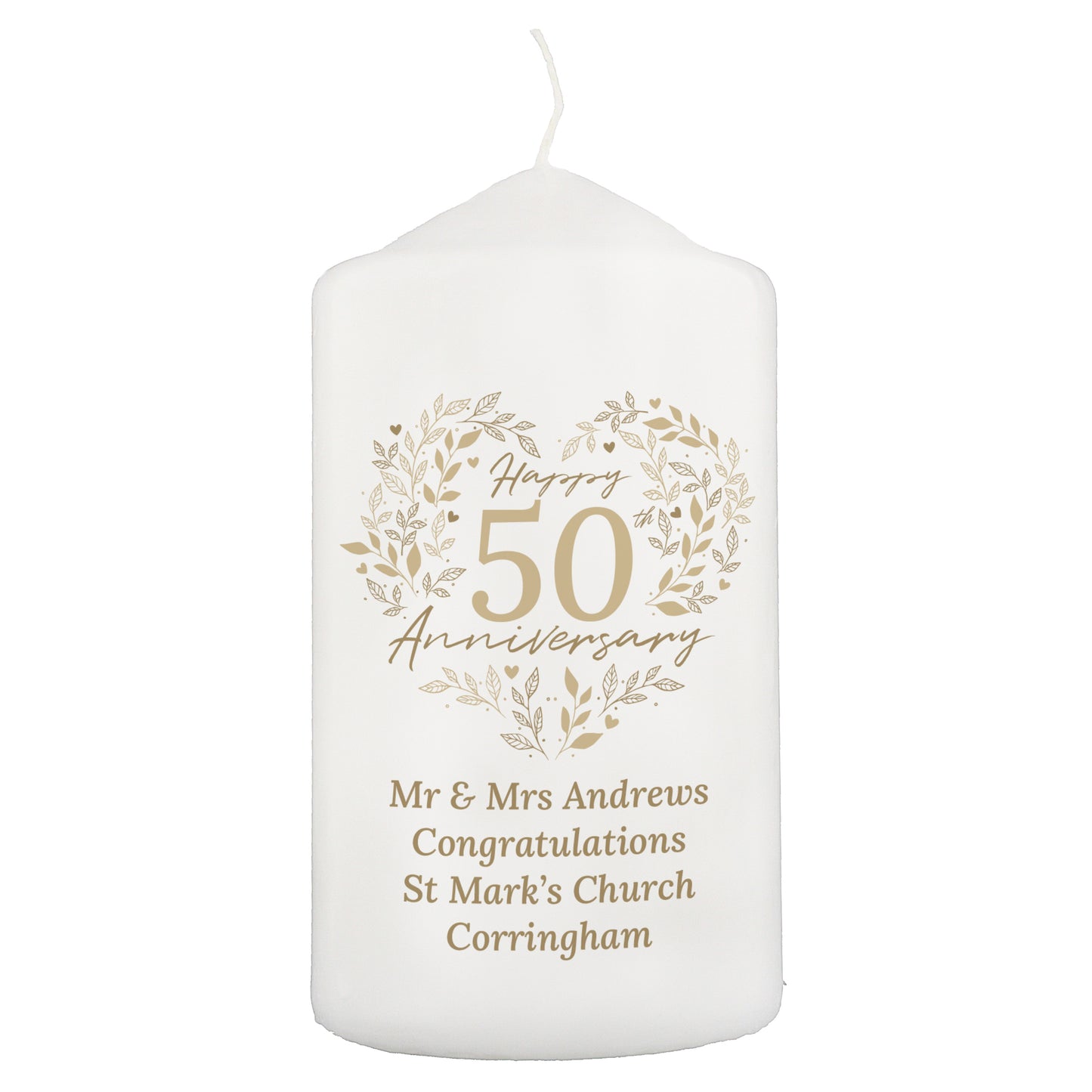 Personalised 50th Golden Wedding Anniversary Pillar Candle - MK&JD Gifts
