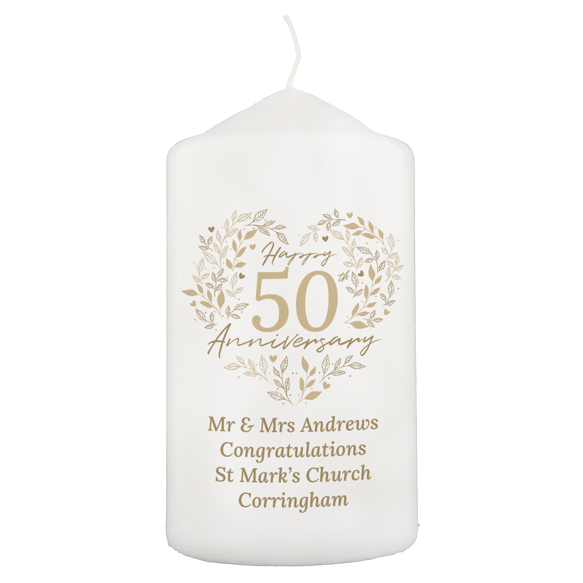 Personalised 50th Golden Wedding Anniversary Pillar Candle - MK&JD Gifts