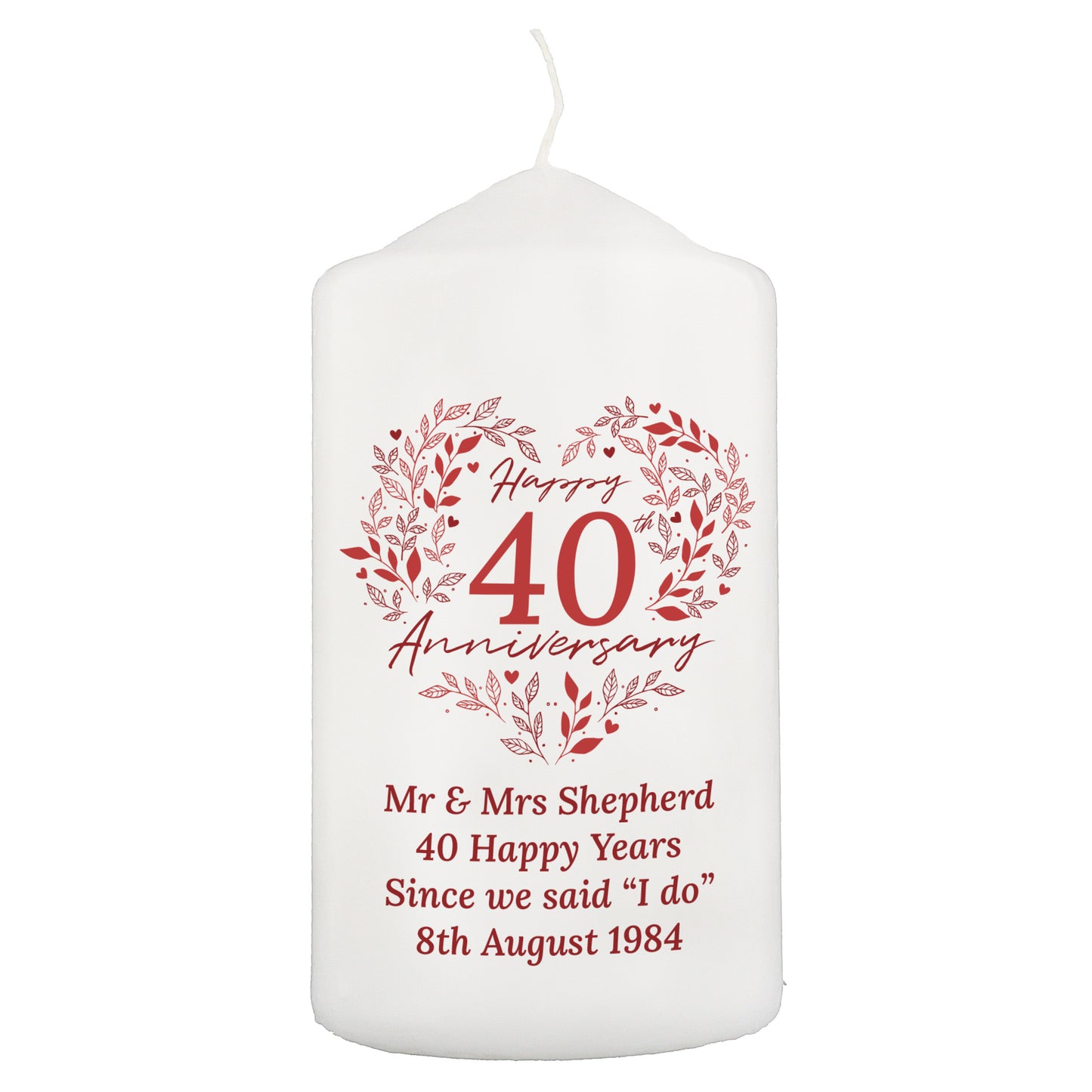 Personalised 40th Ruby Wedding Anniversary Pillar Candle - MK&JD Gifts