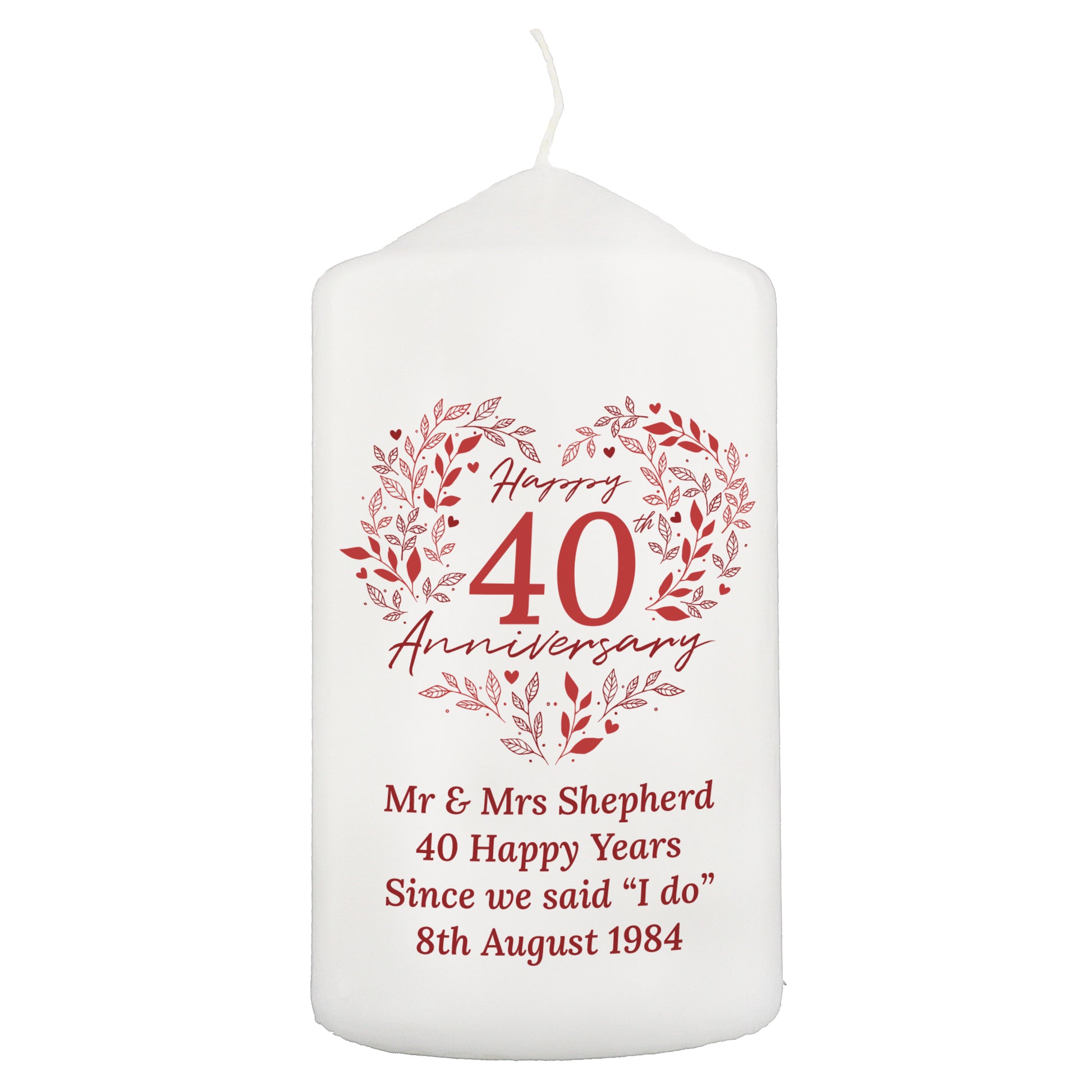 Personalised 40th Ruby Wedding Anniversary Pillar Candle - MK&JD Gifts