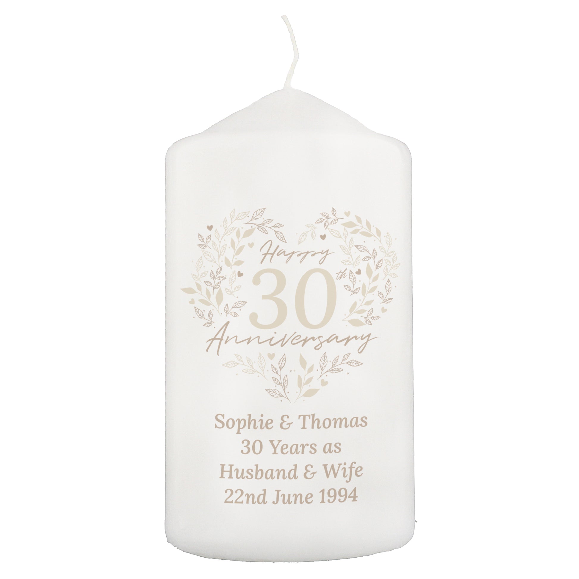 Personalised 30th Pearl Wedding Anniversary Pillar Candle - MK&JD Gifts