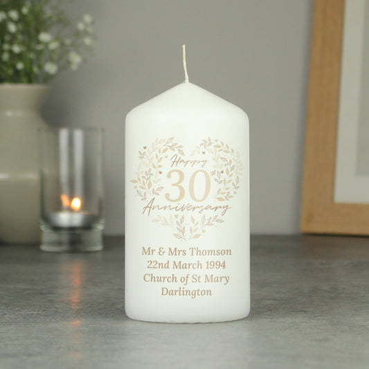 Personalised 30th Pearl Wedding Anniversary Pillar Candle - MK&JD Gifts