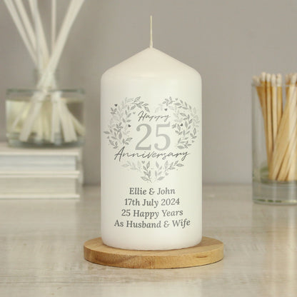 Personalised 25th Silver Wedding Anniversary Pillar Candle - MK&JD Gifts