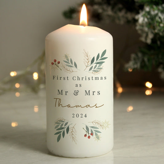 Personalised Christmas Foliage Pillar Candle - MK&JD Gifts