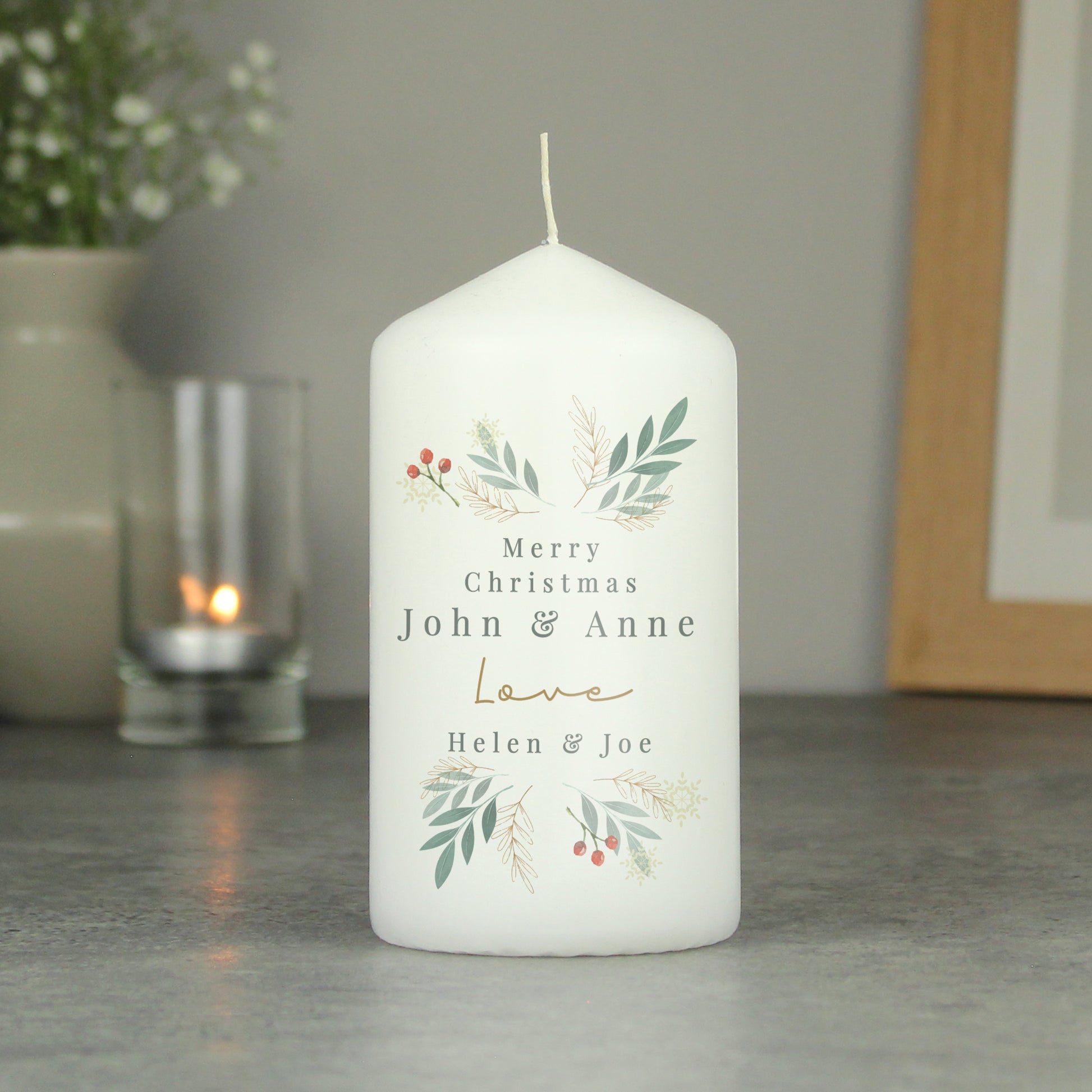 Personalised Christmas Foliage Pillar Candle - MK&JD Gifts