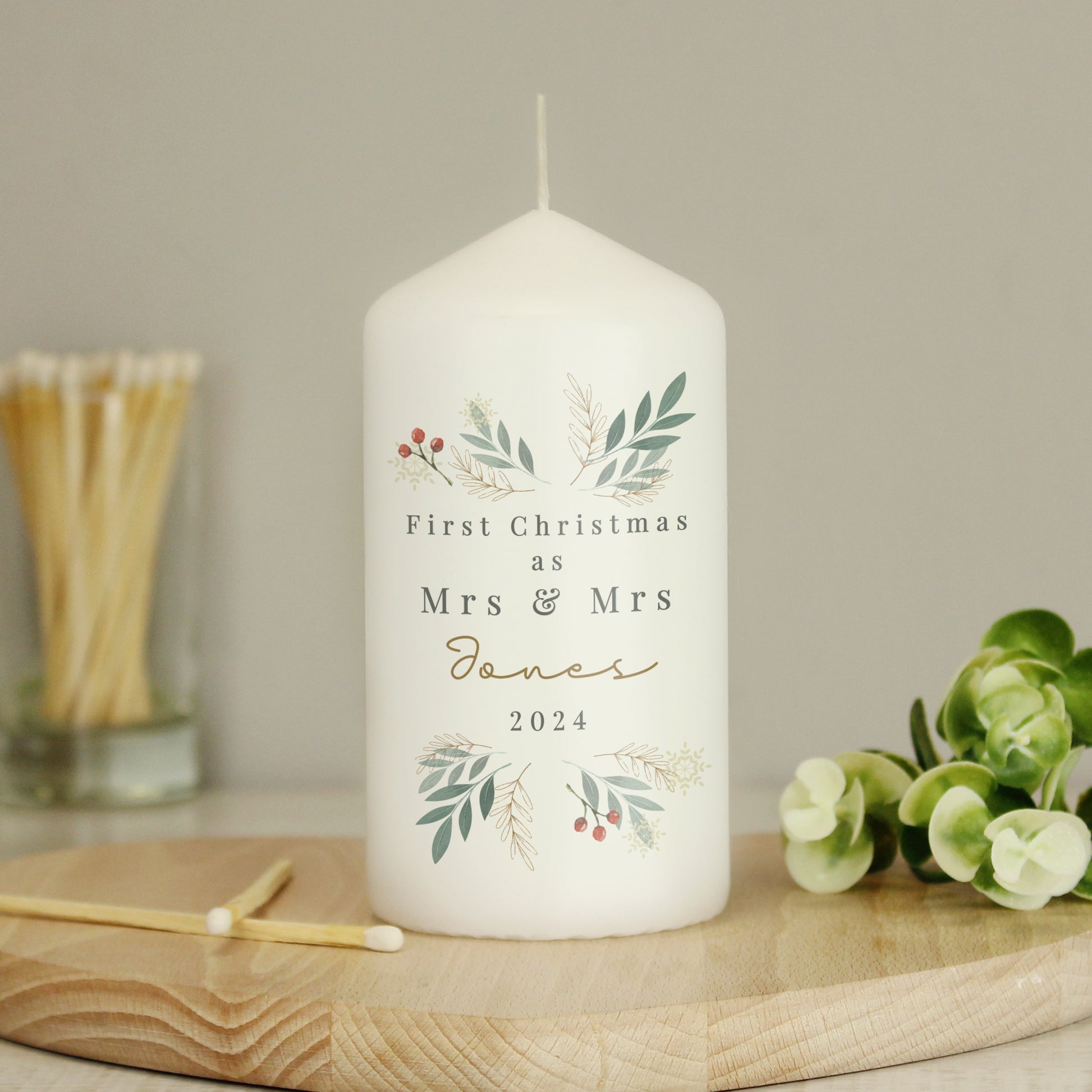 Personalised Christmas Foliage Pillar Candle - MK&JD Gifts
