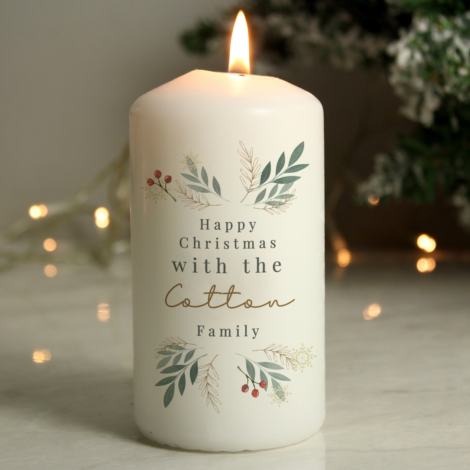 Personalised Christmas Foliage Pillar Candle - MK&JD Gifts