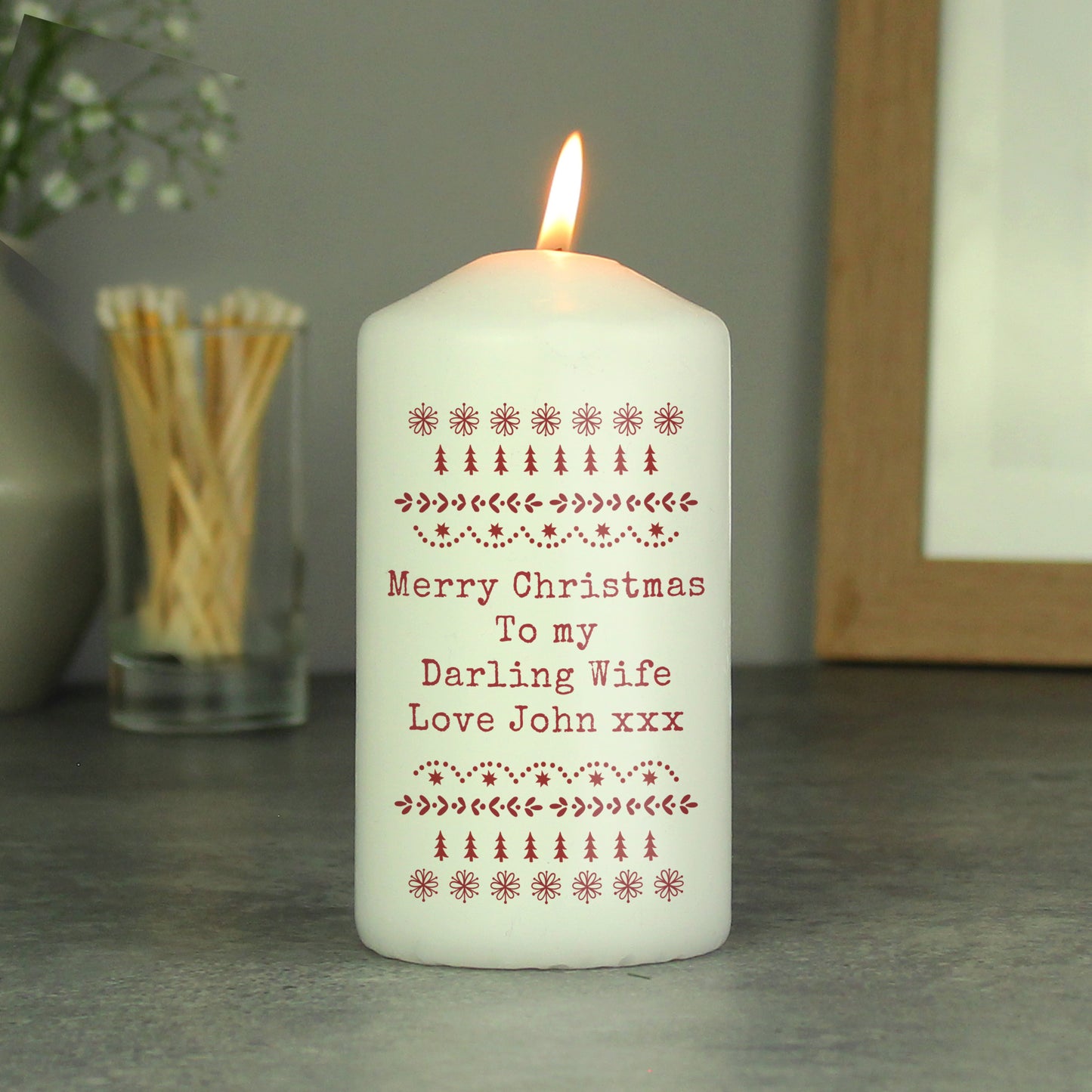 Personalised Christmas Fair Isle Pillar Candle - MK&JD Gifts