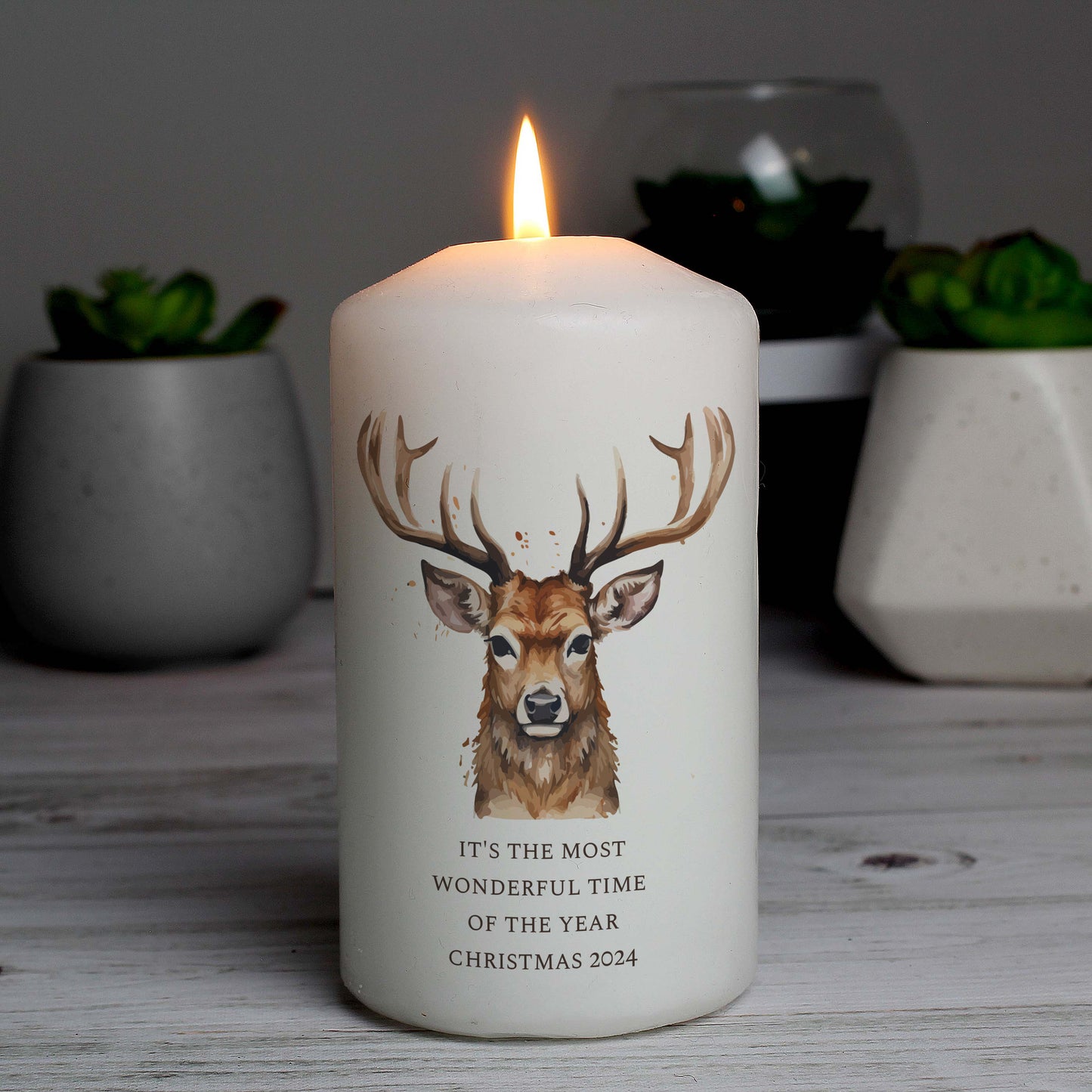 Personalised Watercolour Stag Pillar Candle - MK&JD Gifts