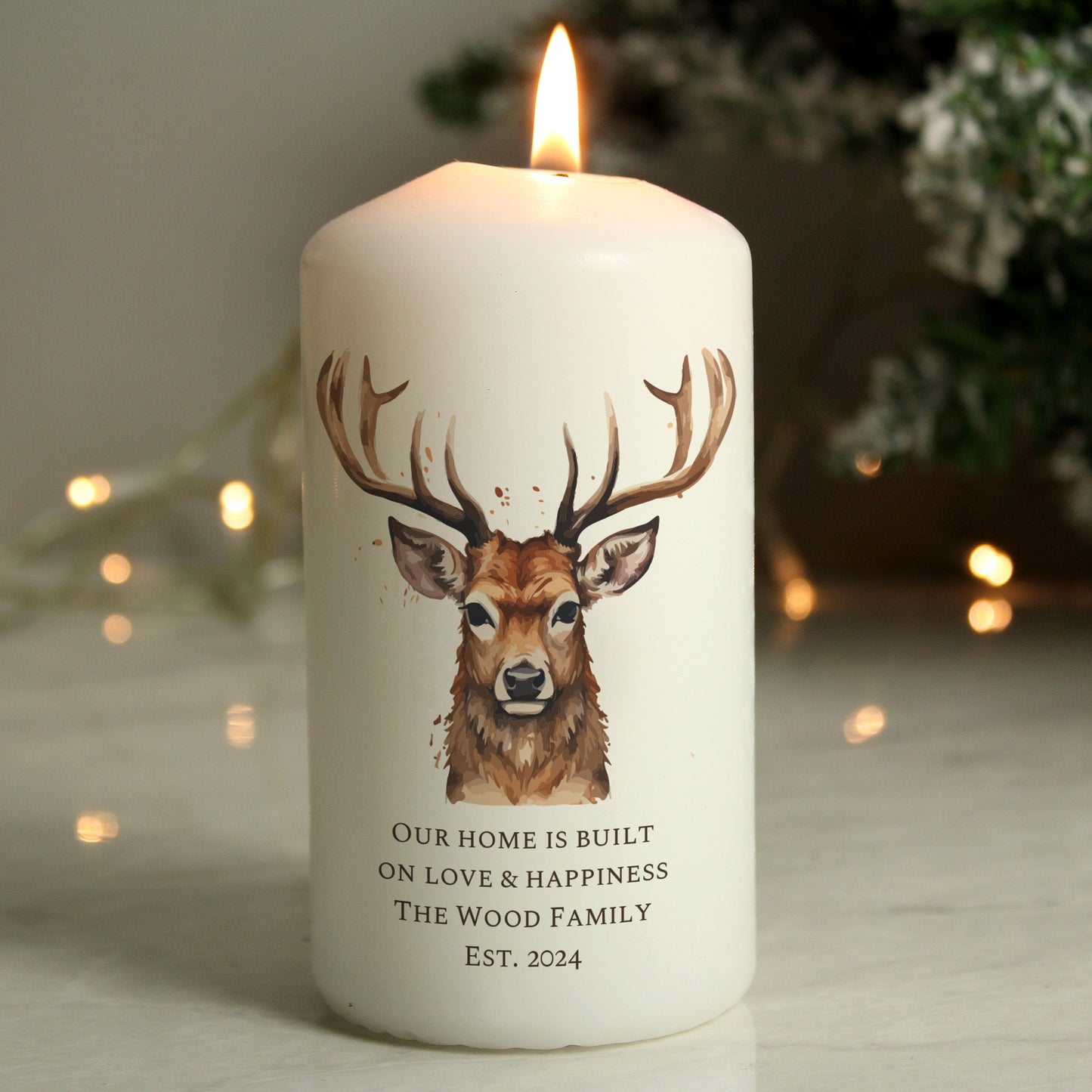 Personalised Watercolour Stag Pillar Candle - MK&JD Gifts