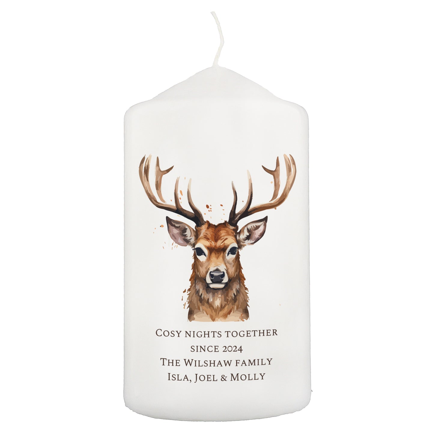 Personalised Watercolour Stag Pillar Candle - MK&JD Gifts