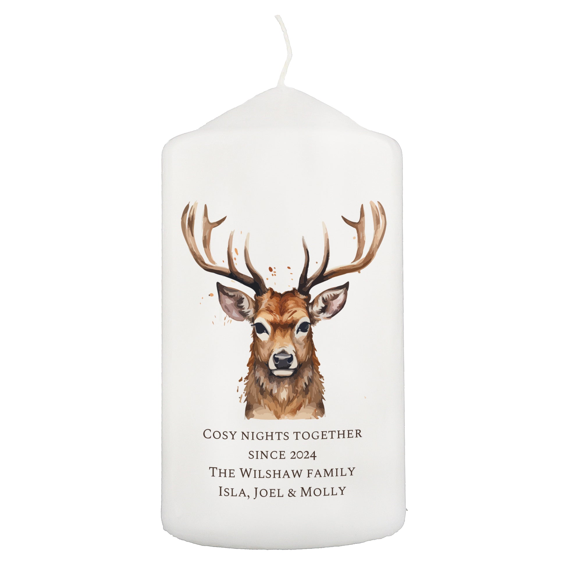 Personalised Watercolour Stag Pillar Candle - MK&JD Gifts
