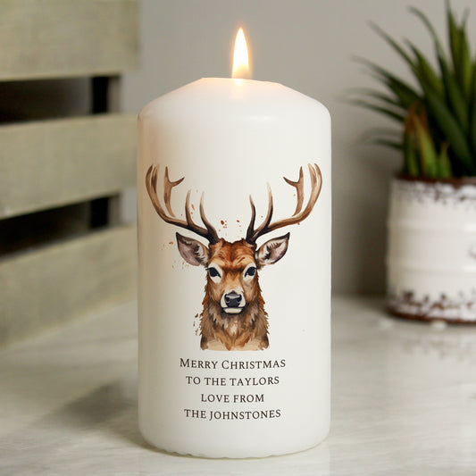 Personalised Watercolour Stag Pillar Candle - MK&JD Gifts