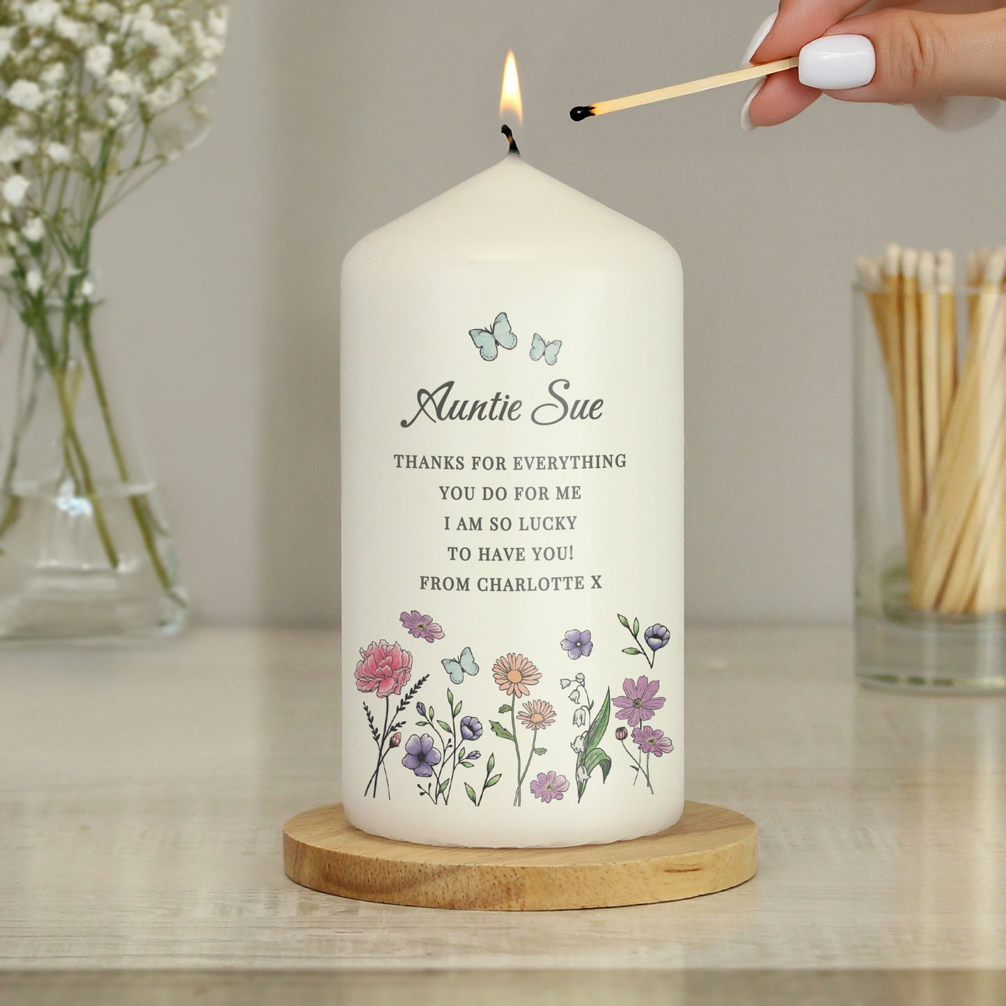 Personalised Wild Flowers Pillar Candle - MK&JD Gifts