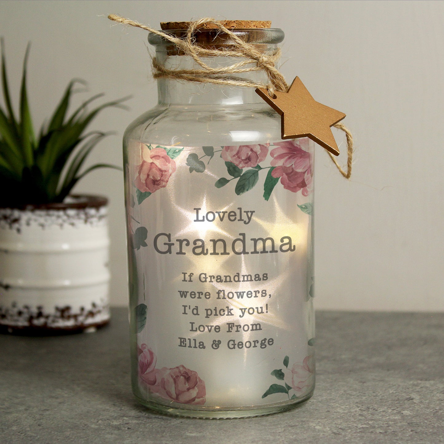 Personalised Floral Watercolour LED Glass Jar - MK&JD Gifts