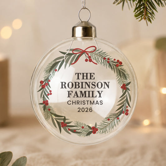 Personalised Green Christmas Wreath Glass Bauble - MK&JD Gifts