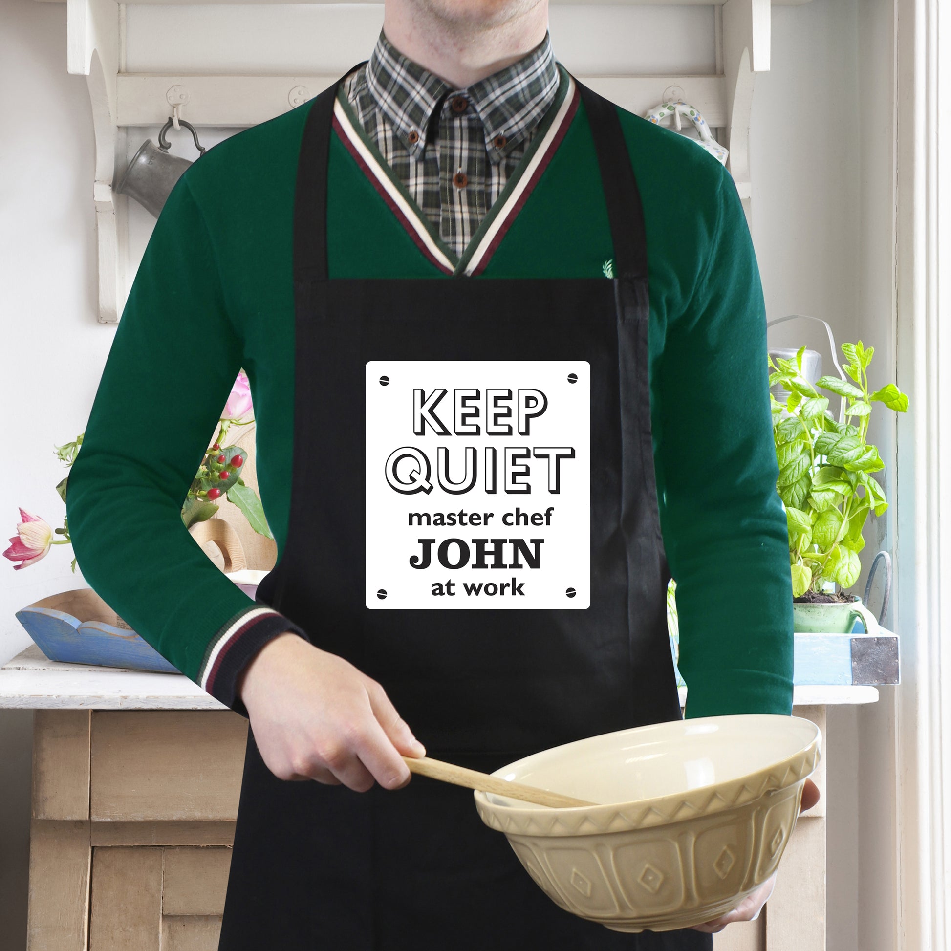 Personalised Keep Quiet Black Apron - MK&JD Gifts