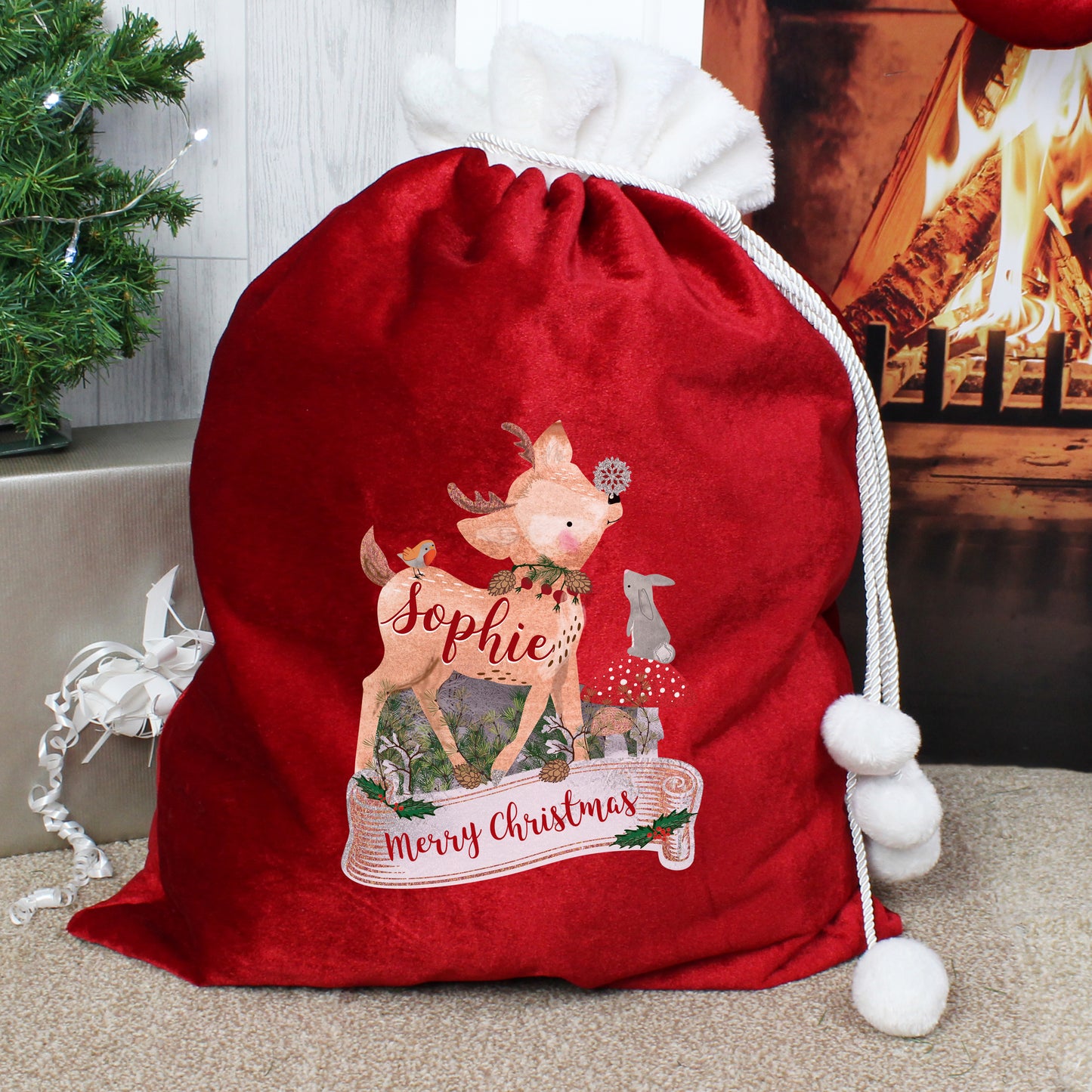 Personalised Festive Fawn Luxury Pom Pom Red Sack